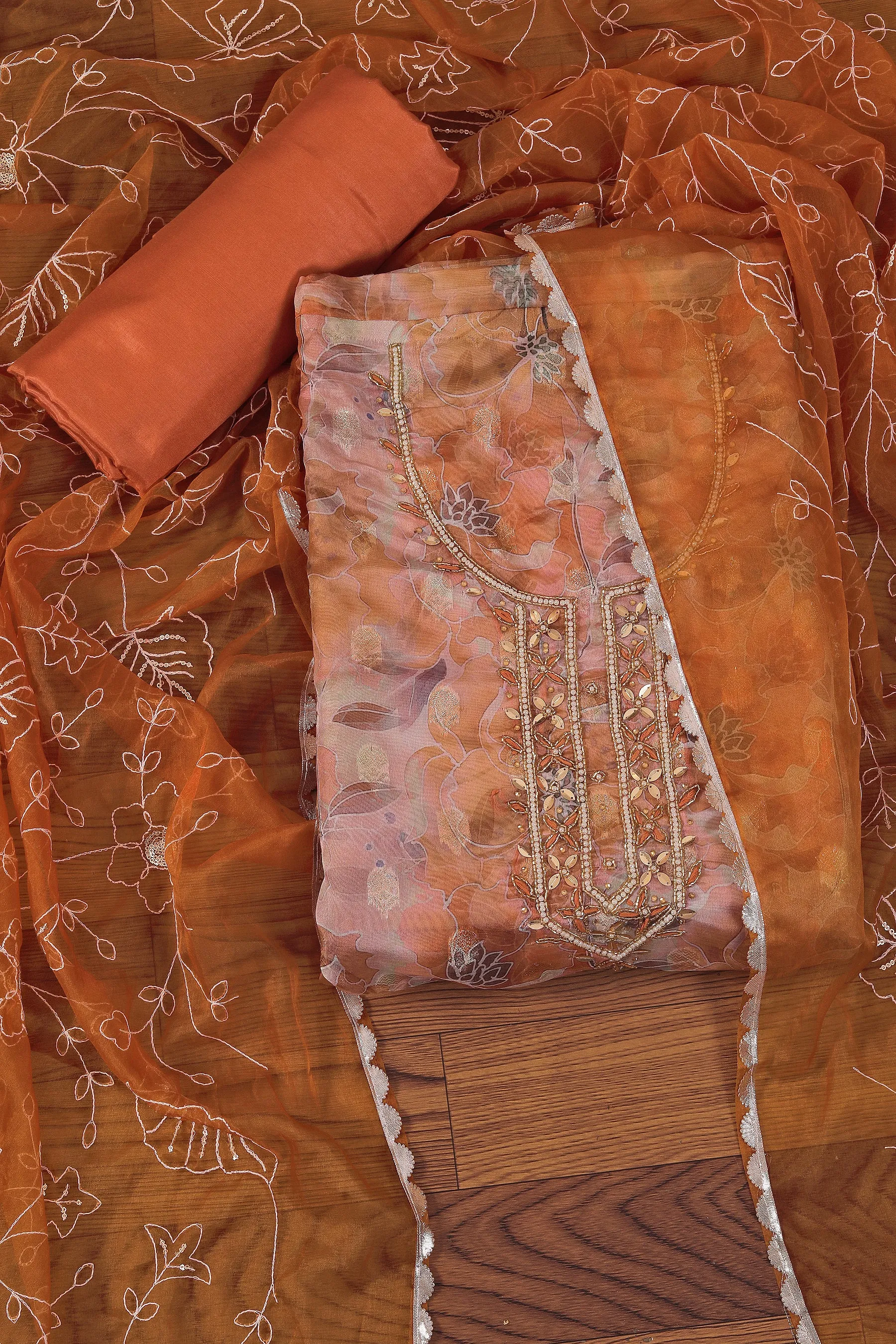 Light Orange Embellished Ethnic Motif Printed Organza Dress Material	With Dupatta