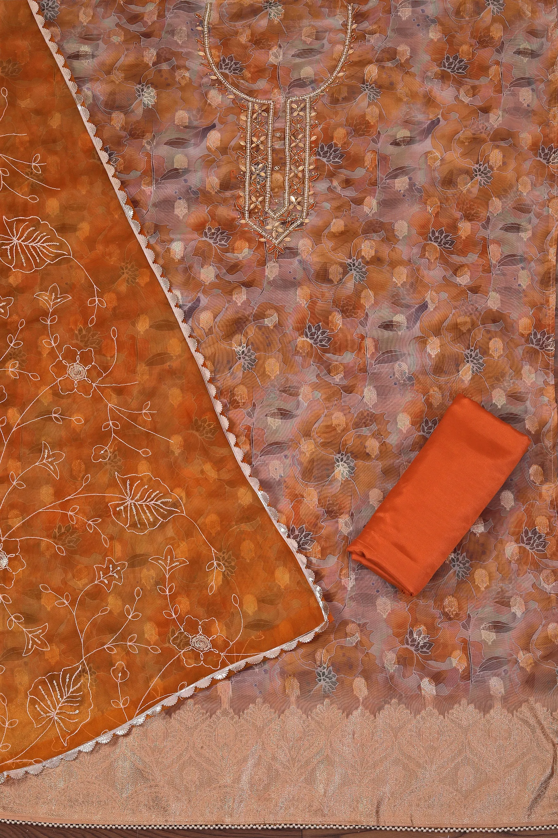Light Orange Embellished Ethnic Motif Printed Organza Dress Material	With Dupatta