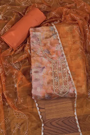 Light Orange Embellished Ethnic Motif Printed Organza Dress Material	With Dupatta