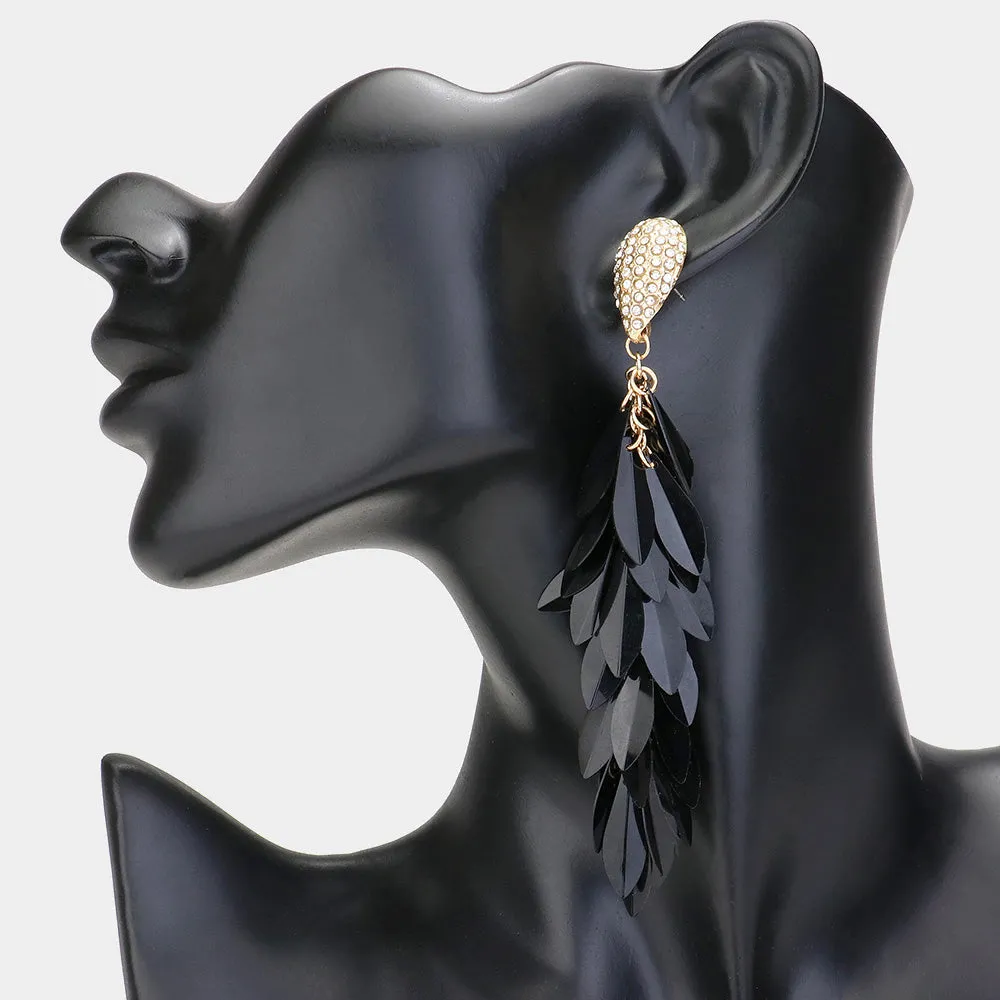 Long Jet Black Sequin Fringe Fun Fashion Earrings | Headshot Earrings | 618529