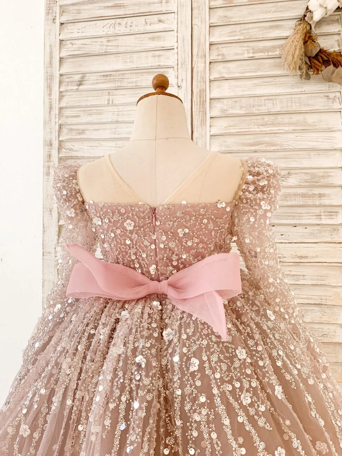 Long Sleeves Mauve Crystal Beaded Wedding Flower Girl Dress Birthday Dress
