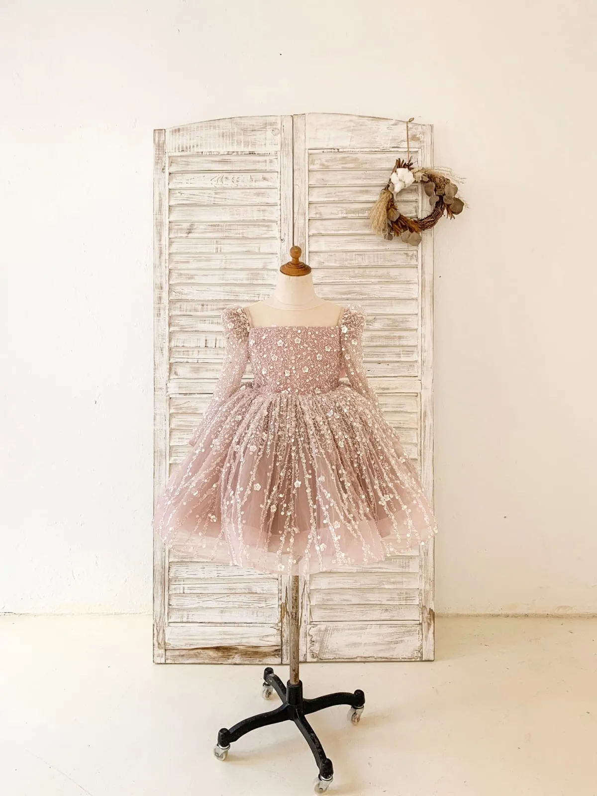 Long Sleeves Mauve Crystal Beaded Wedding Flower Girl Dress Birthday Dress