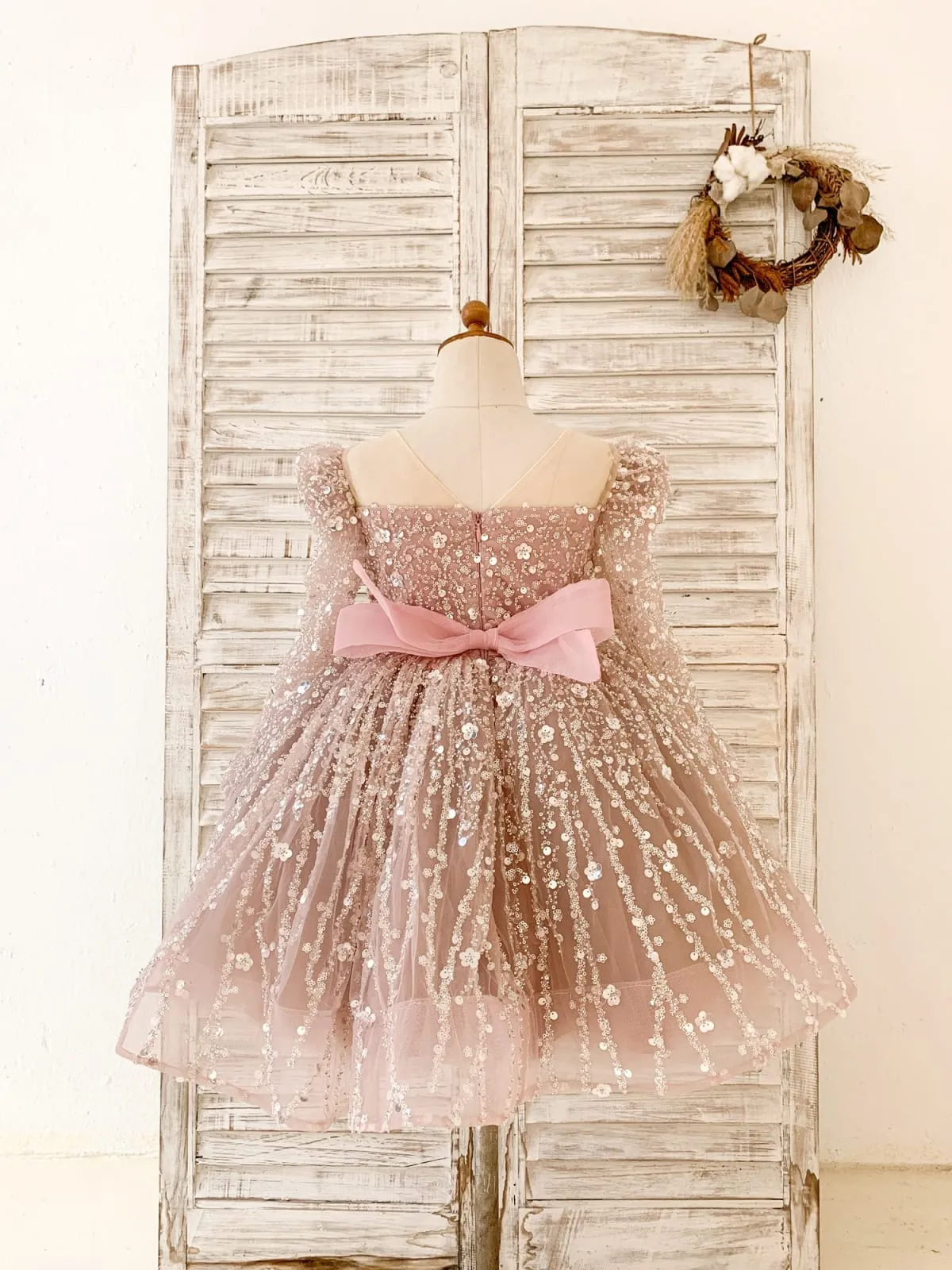 Long Sleeves Mauve Crystal Beaded Wedding Flower Girl Dress Birthday Dress