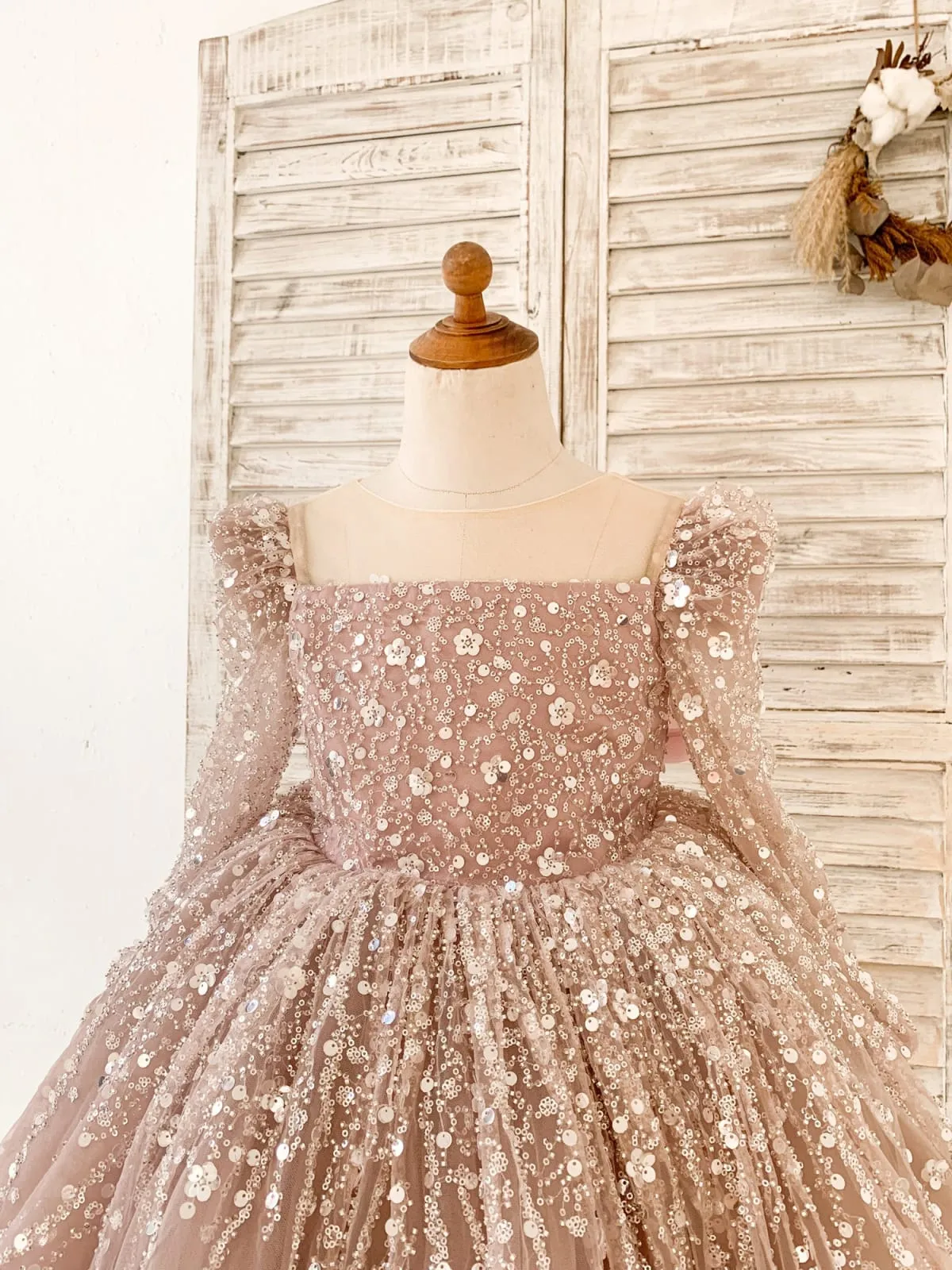 Long Sleeves Mauve Crystal Beaded Wedding Flower Girl Dress Birthday Dress