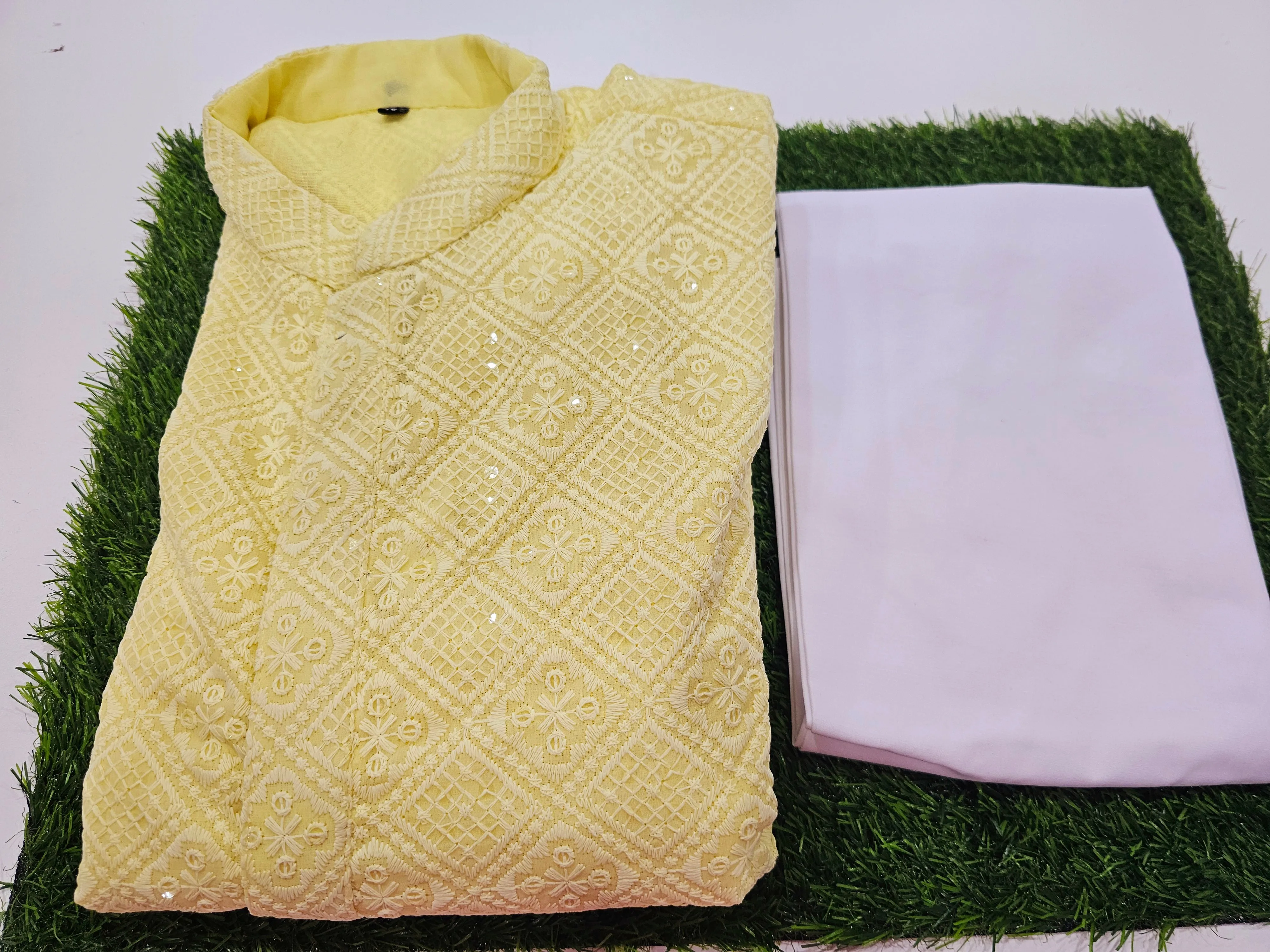 Lucknow work georgette Men’s Kurta set