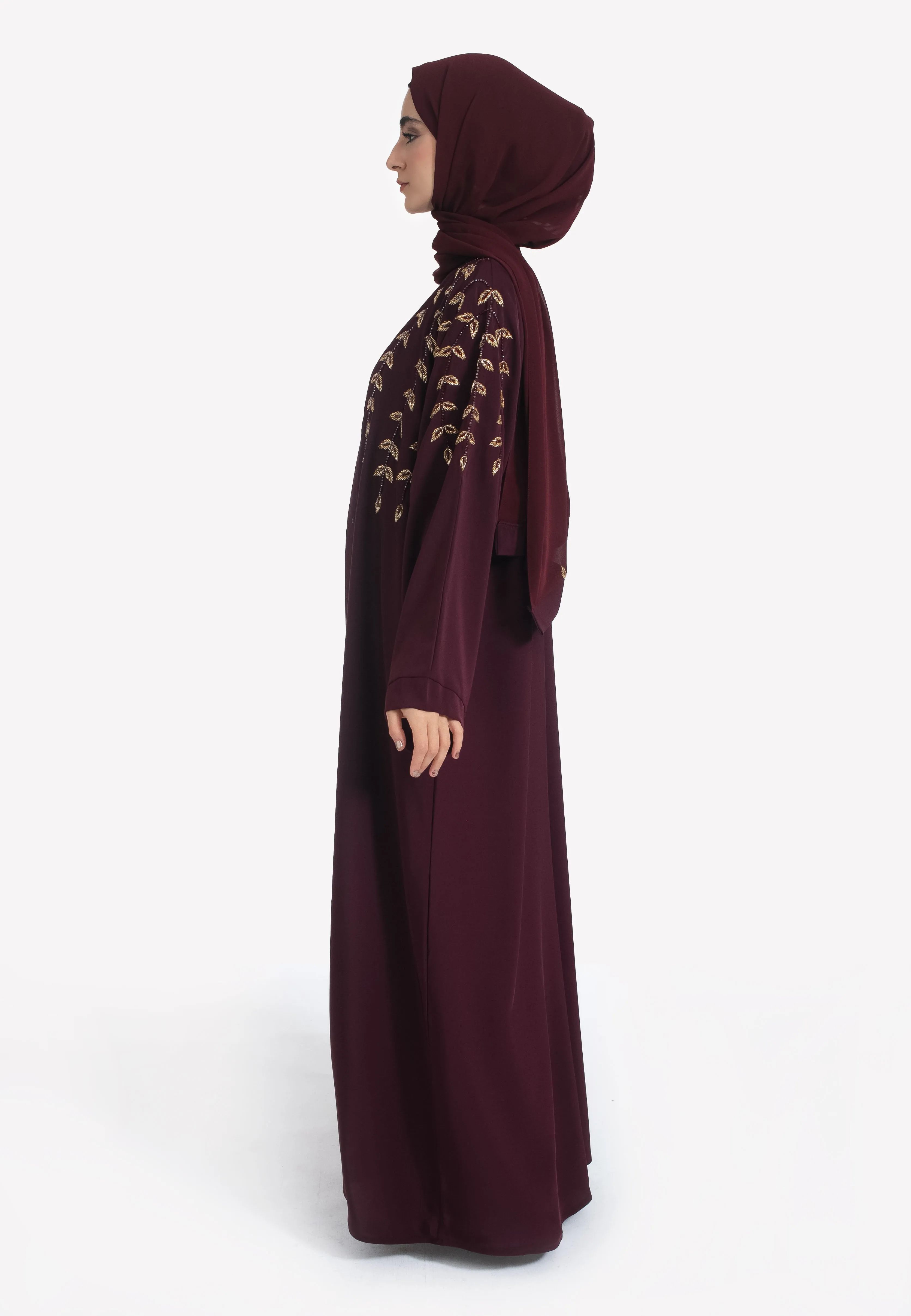 Luxe Burgundy Embellished Open Abaya