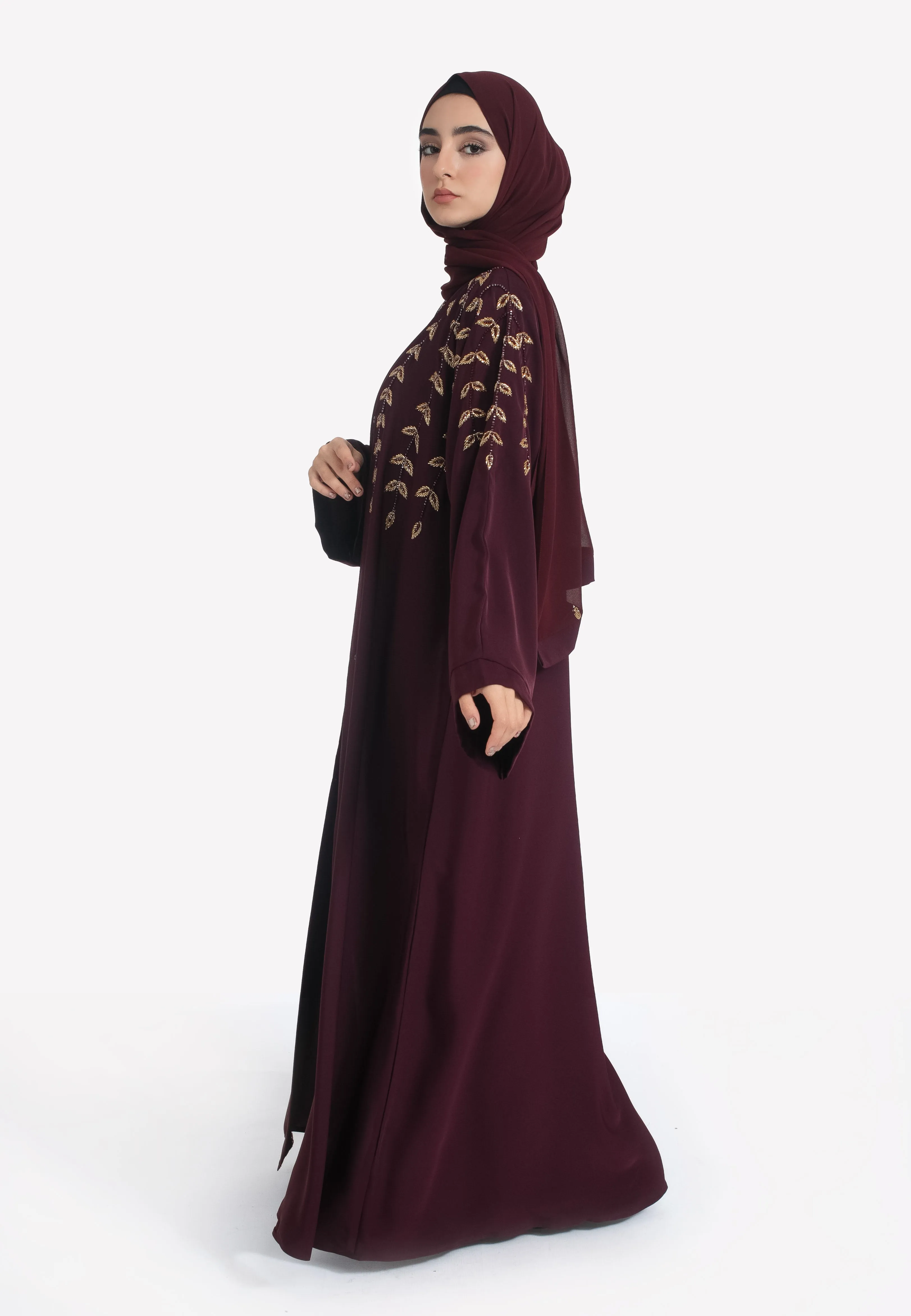 Luxe Burgundy Embellished Open Abaya