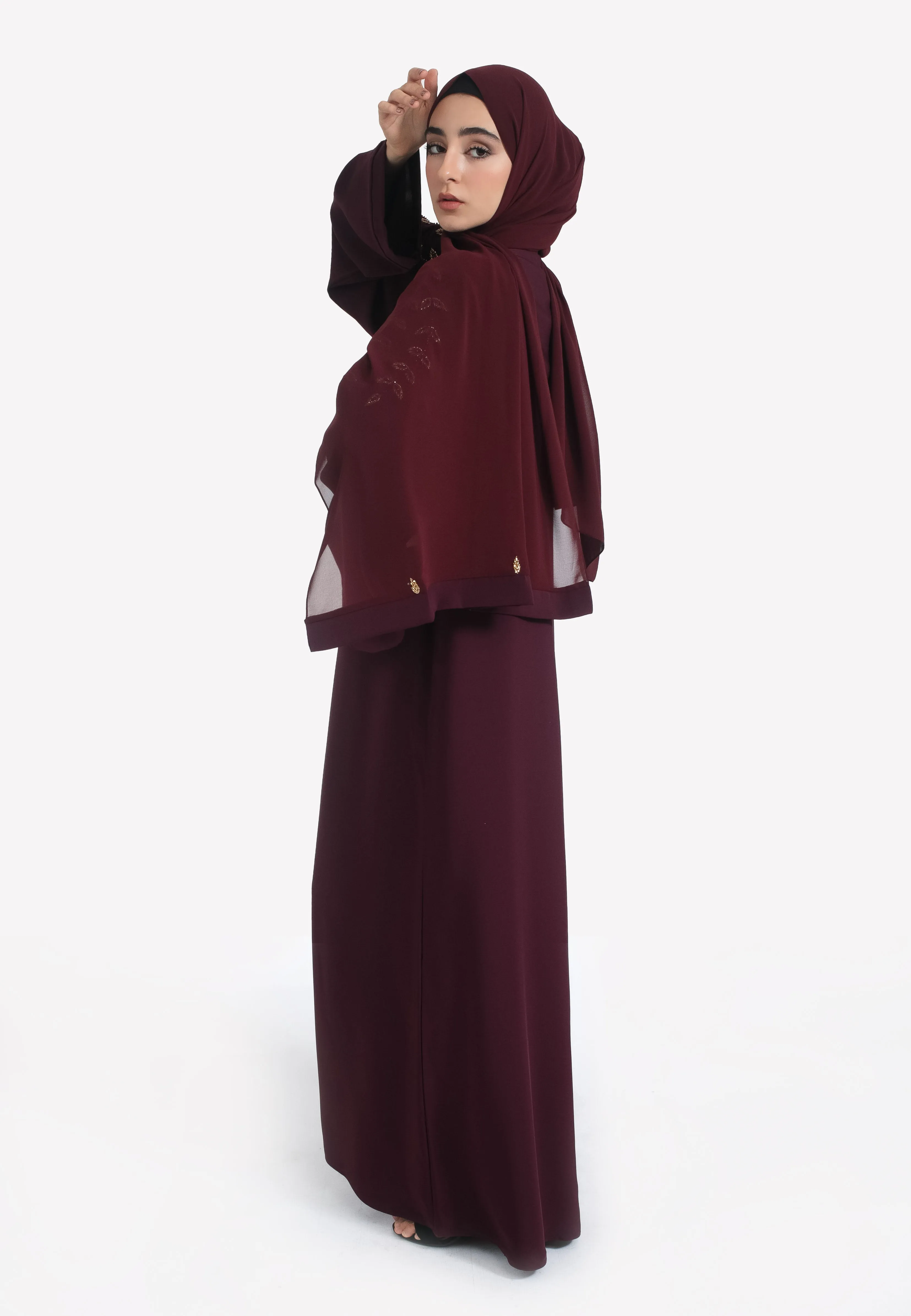 Luxe Burgundy Embellished Open Abaya