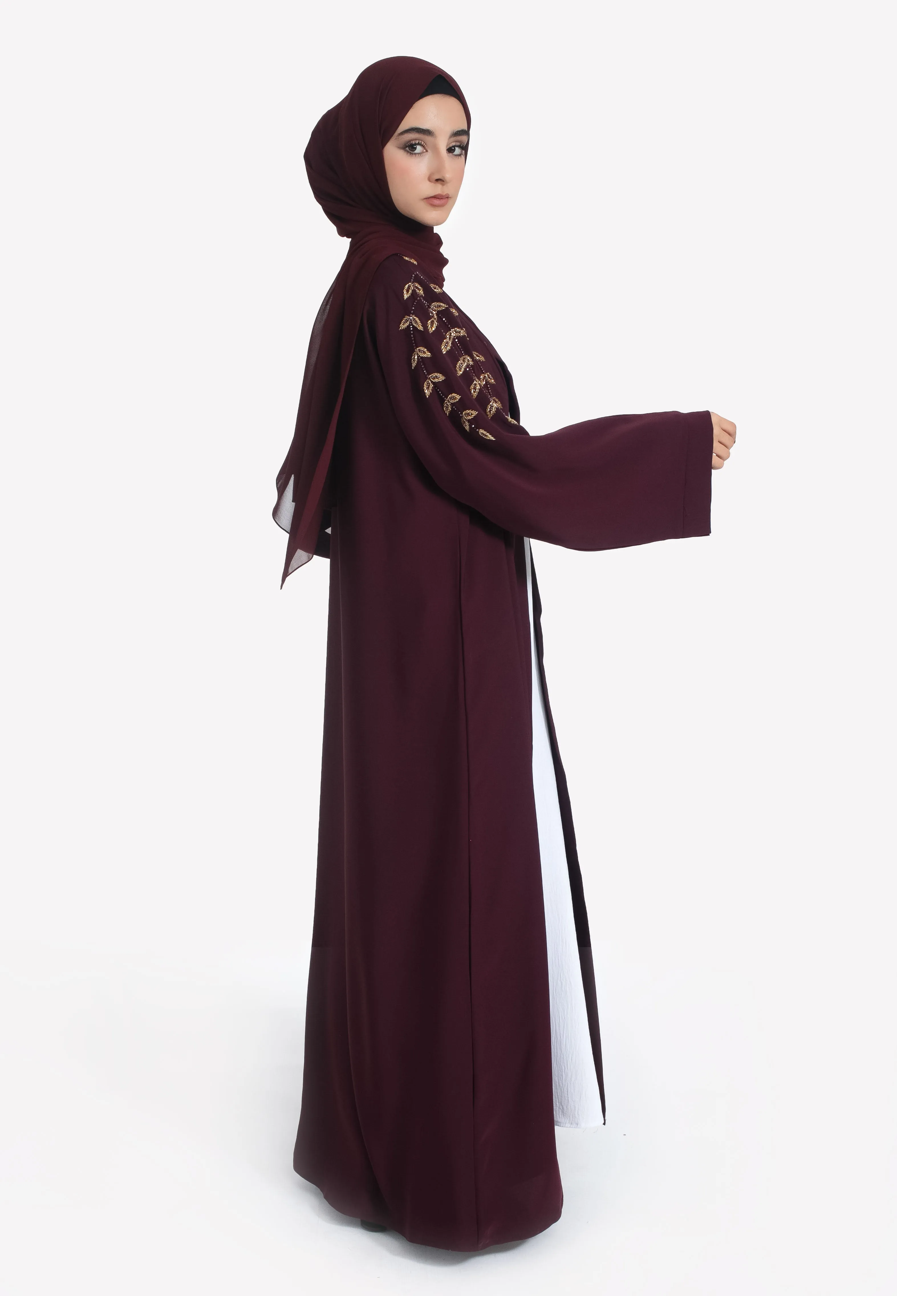Luxe Burgundy Embellished Open Abaya