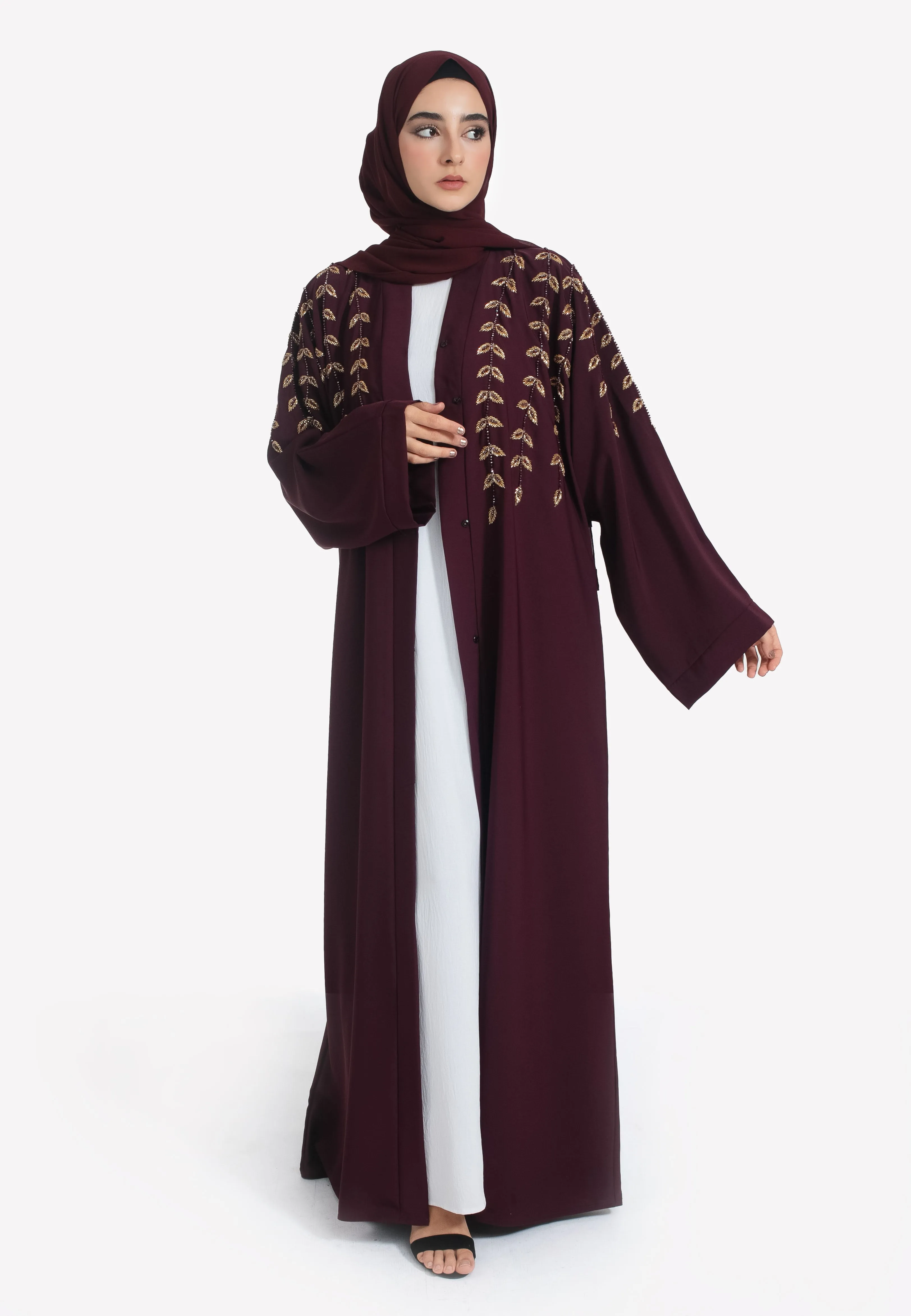 Luxe Burgundy Embellished Open Abaya