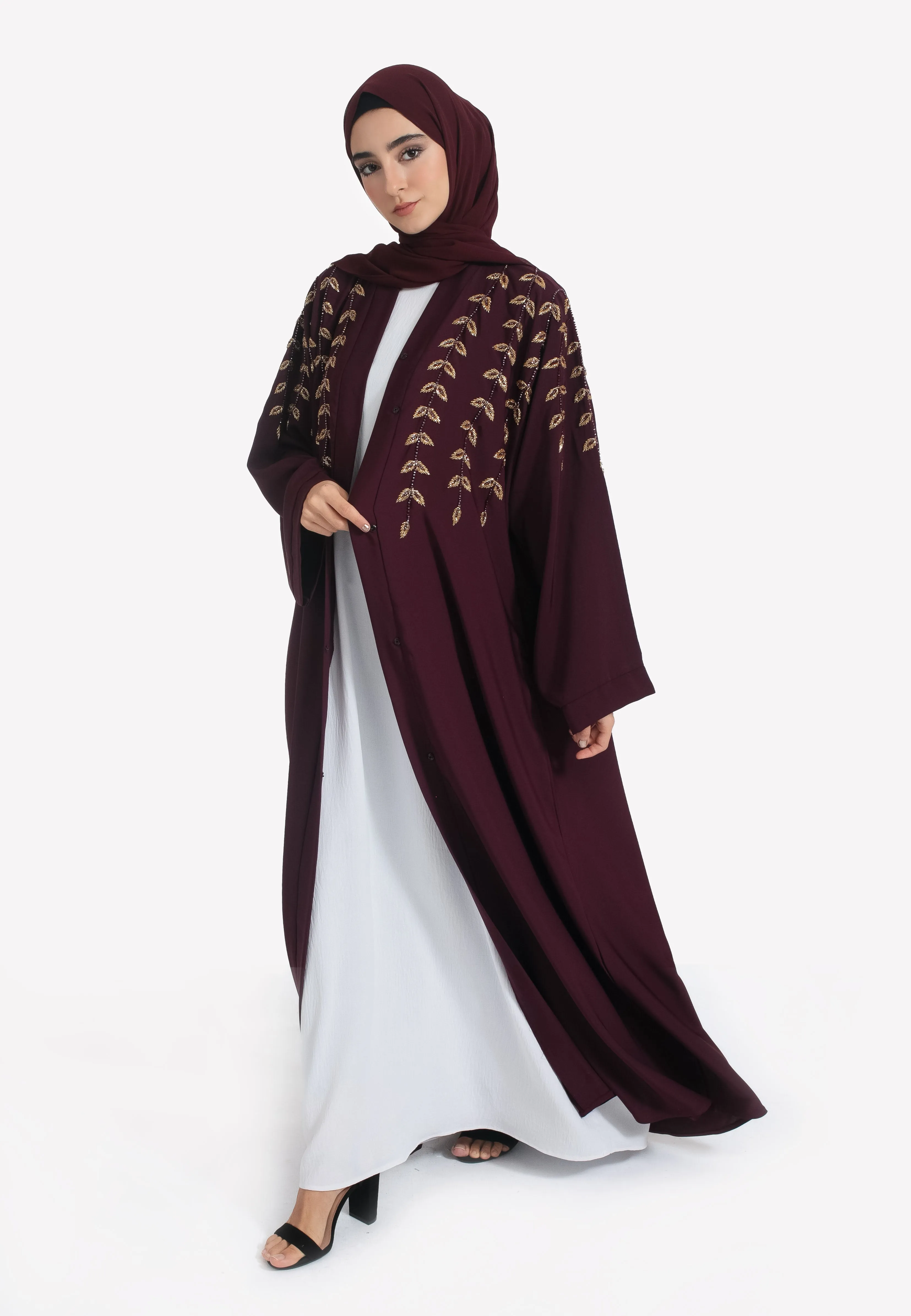 Luxe Burgundy Embellished Open Abaya