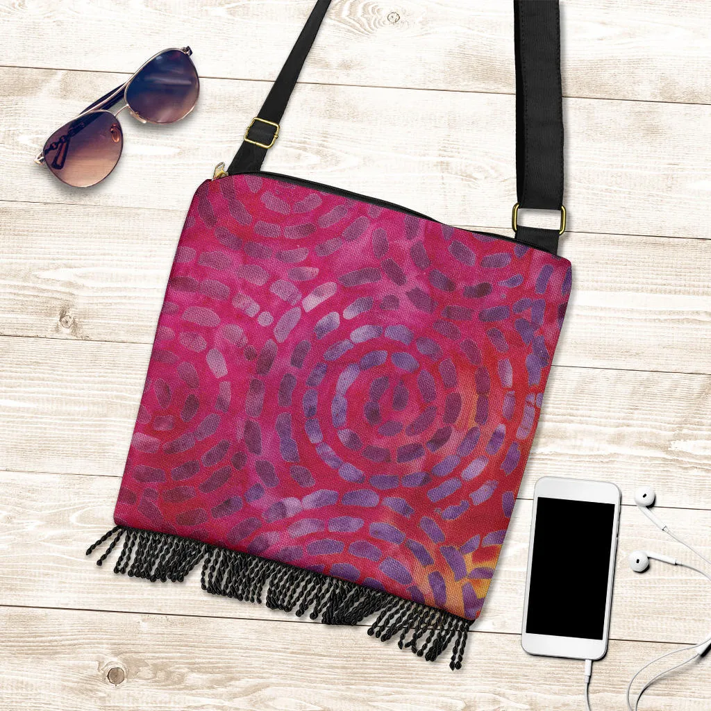 Magenta and Purple Batik Spiral Pattern Boho Bag With Fringe and Shoulder Crossbody Strap