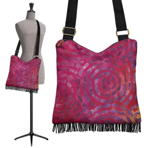 Magenta and Purple Batik Spiral Pattern Boho Bag With Fringe and Shoulder Crossbody Strap