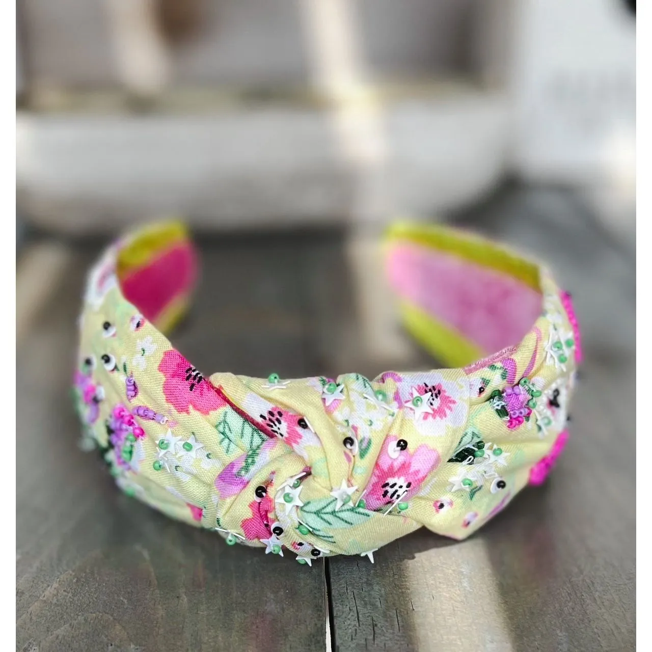 Manteo Yellow Pink and Purple Pansies Top Knot Seed Beaded Headband S