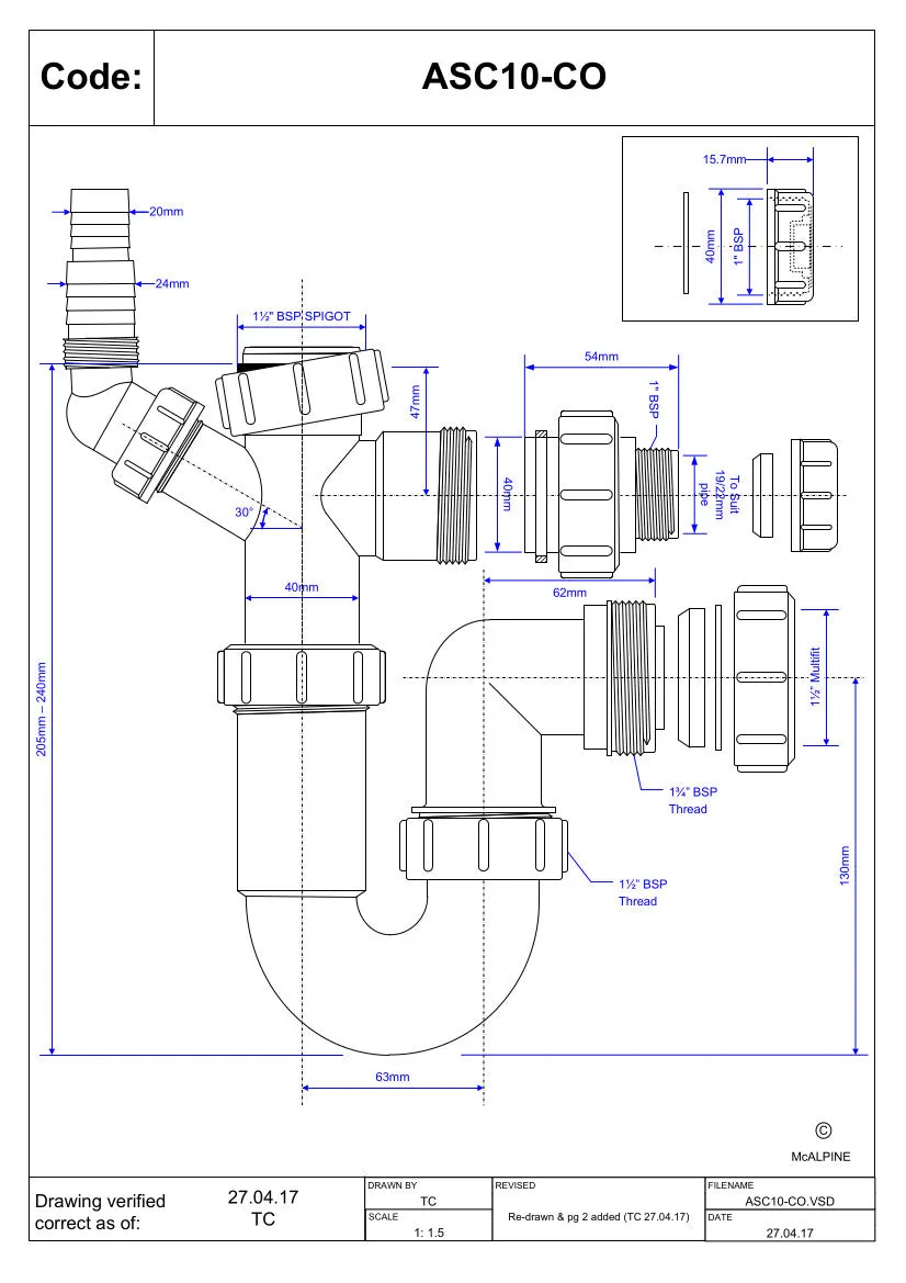 McAlpine ASC10-CO 75mm Water Seal 1½" Multifit Outlet Tubular Swivel Sink Trap with 19/23mm pipe connection