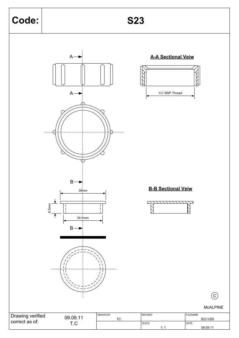 McAlpine S23 1¼" Blank Cap with nut for BSP threads
