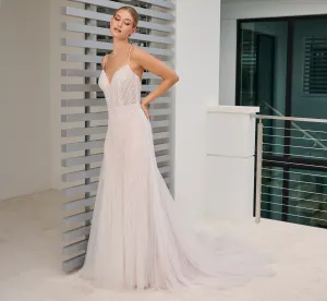 Micro Beaded Lace Slim Gown in Ivory French Lilac