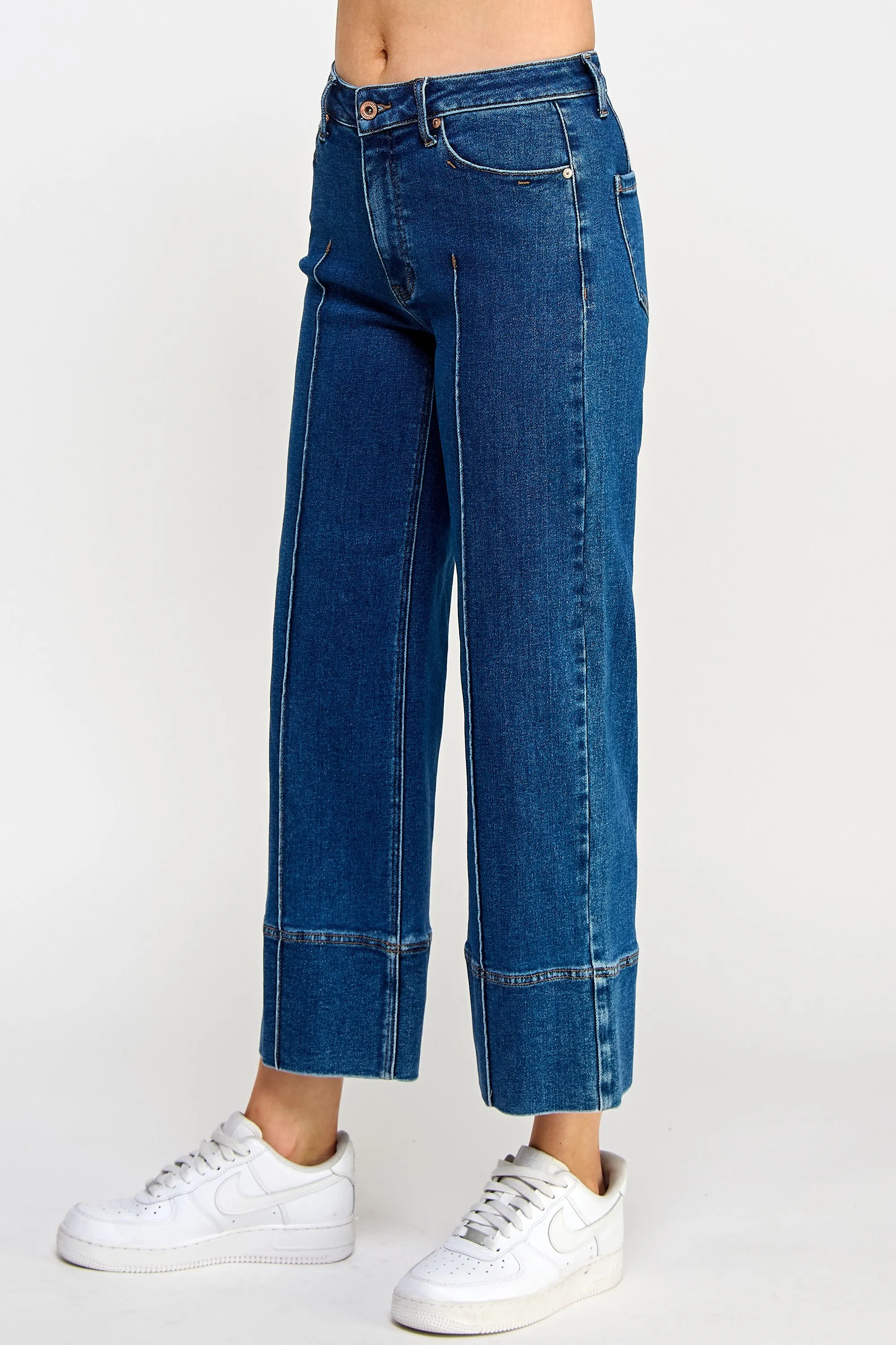 MID RISE STRETCH CROP WIDE LEG W/PINTUCK DETAIL