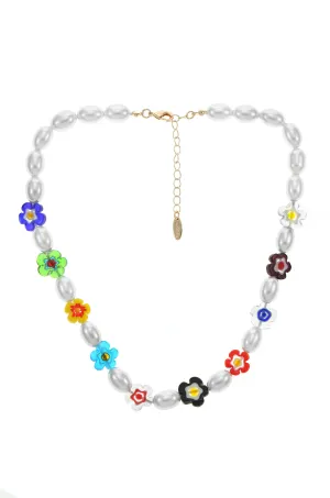 Millennia Rising Pearl and Flower Beaded 18k Gold Plated Necklace
