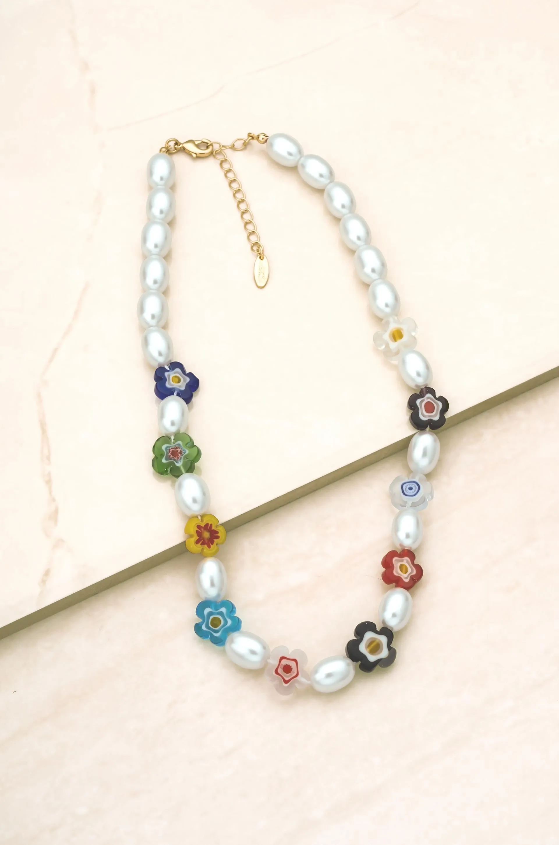 Millennia Rising Pearl and Flower Beaded 18k Gold Plated Necklace