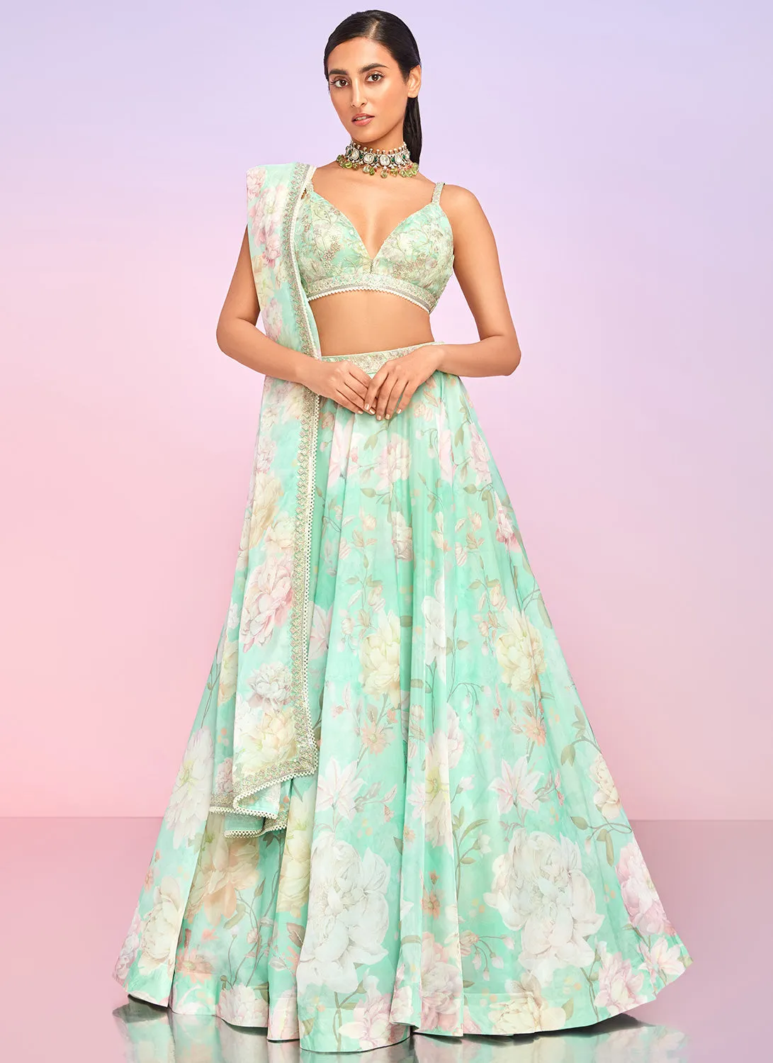 Mint Floral Embellished Lehenga