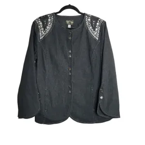 NWT Bob Mackie Art to Wear Embellished Button Shirt Jacket Denim Black Blue L