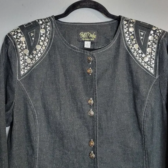 NWT Bob Mackie Art to Wear Embellished Button Shirt Jacket Denim Black Blue L