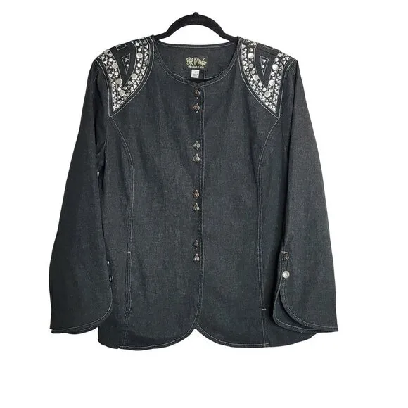 NWT Bob Mackie Art to Wear Embellished Button Shirt Jacket Denim Black Blue L