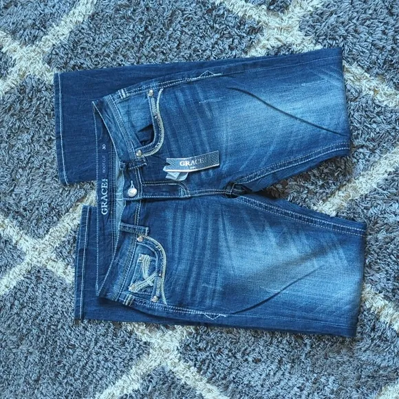 NWT Grace in L.A. Boot Cut Dark Denim Jean Embellished Rear Pockets Size 30