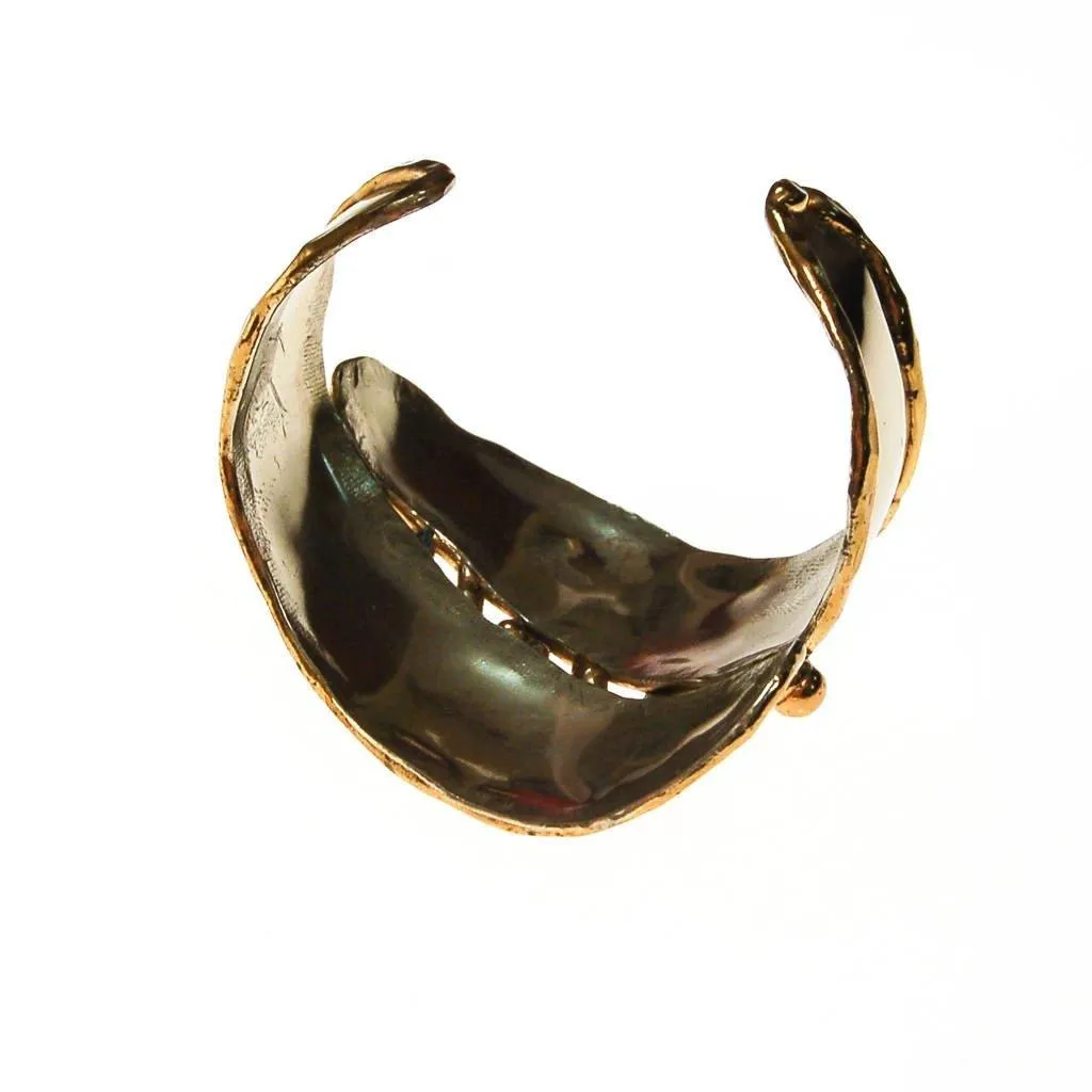 One of a Kind Wide Silver and Gold Brutalist Cuff Bracelet, Handmade