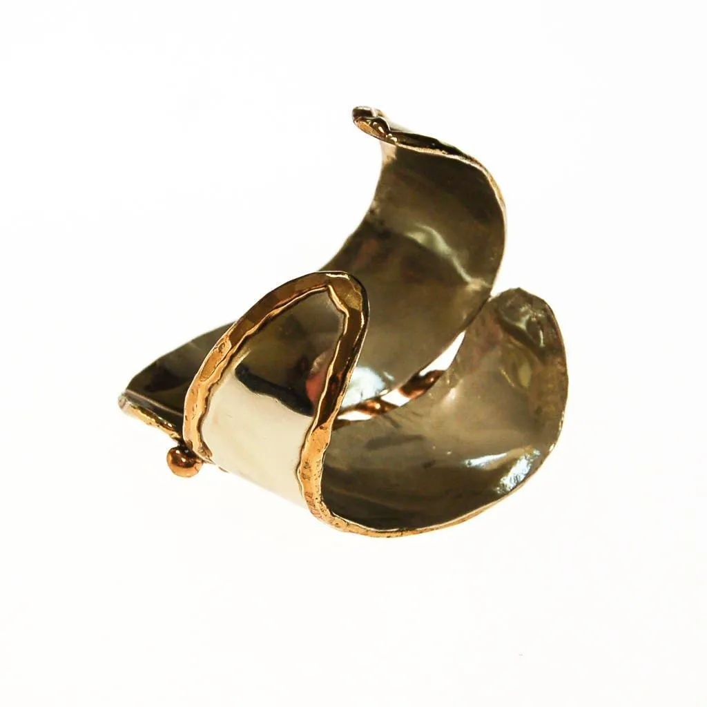 One of a Kind Wide Silver and Gold Brutalist Cuff Bracelet, Handmade