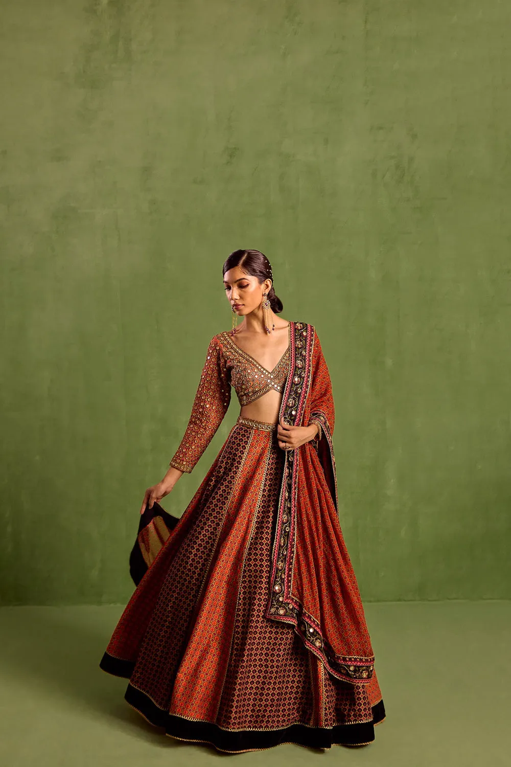 Orange Viscose Raw Silk Floral Geometric Printed Panelled Lehenga Set