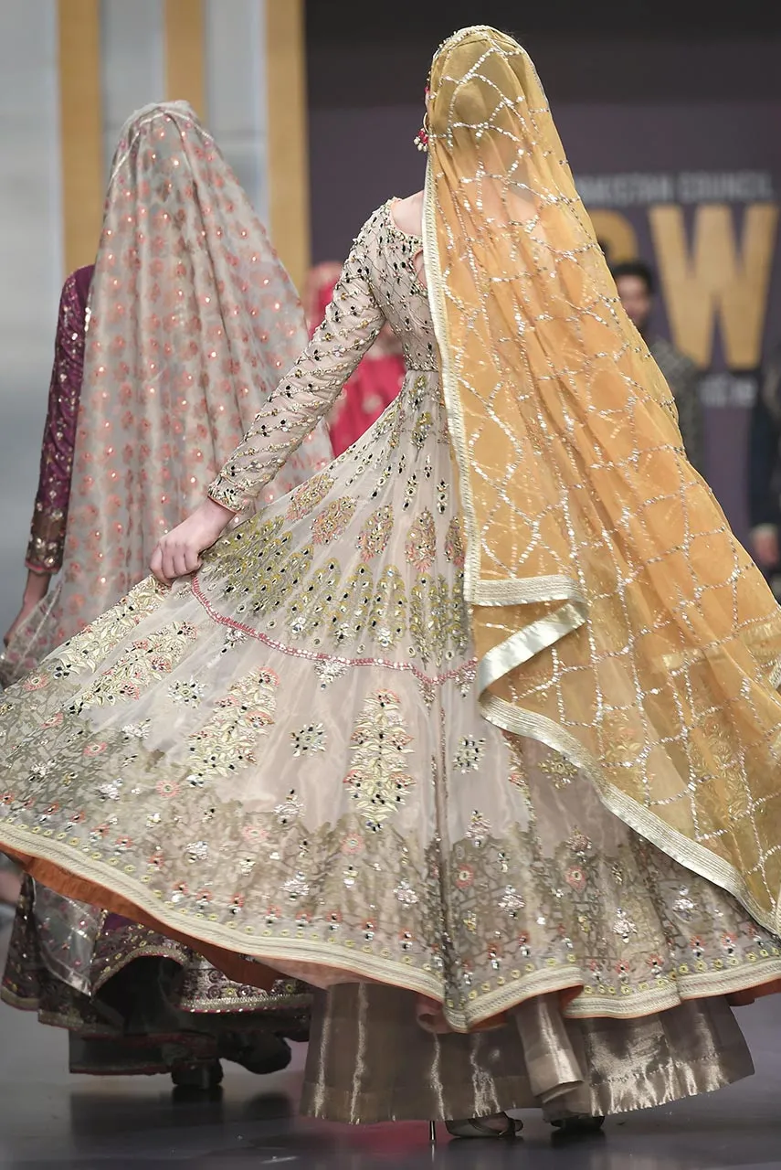 Pakistani Bridal Anarkali Froke in Gold Color for Wedding #J4321