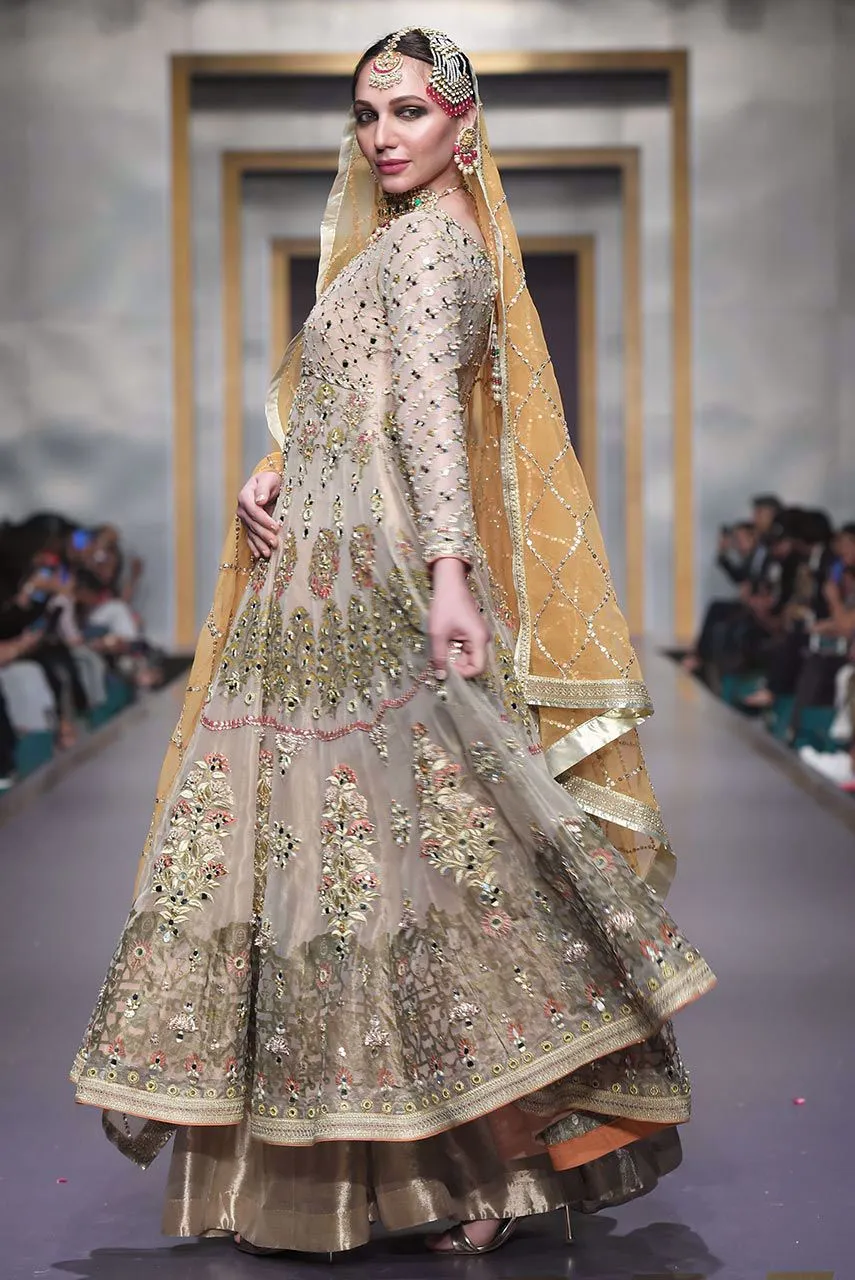Pakistani Bridal Anarkali Froke in Gold Color for Wedding #J4321
