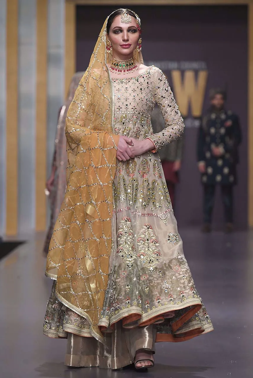 Pakistani Bridal Anarkali Froke in Gold Color for Wedding #J4321