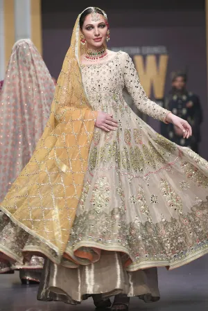 Pakistani Bridal Anarkali Froke in Gold Color for Wedding #J4321