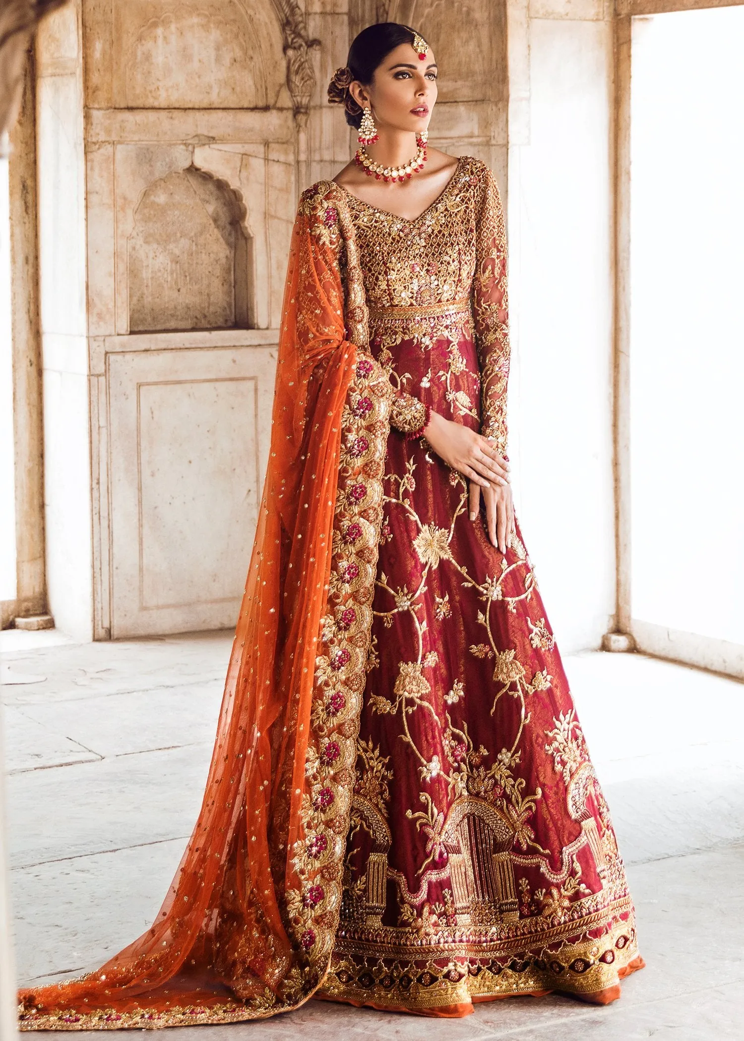 Pakistani Bridal Gown Lehnga for Wedding in Deep Red Color #J5125
