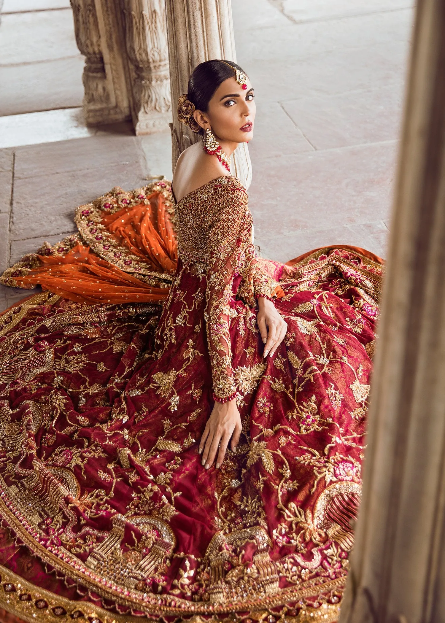 Pakistani Bridal Gown Lehnga for Wedding in Deep Red Color #J5125