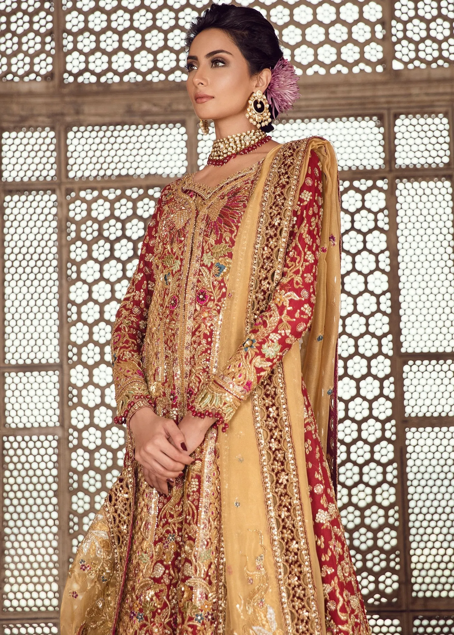 Pakistani Bridal Lehnga with Long Shirt in Red Color #J5126