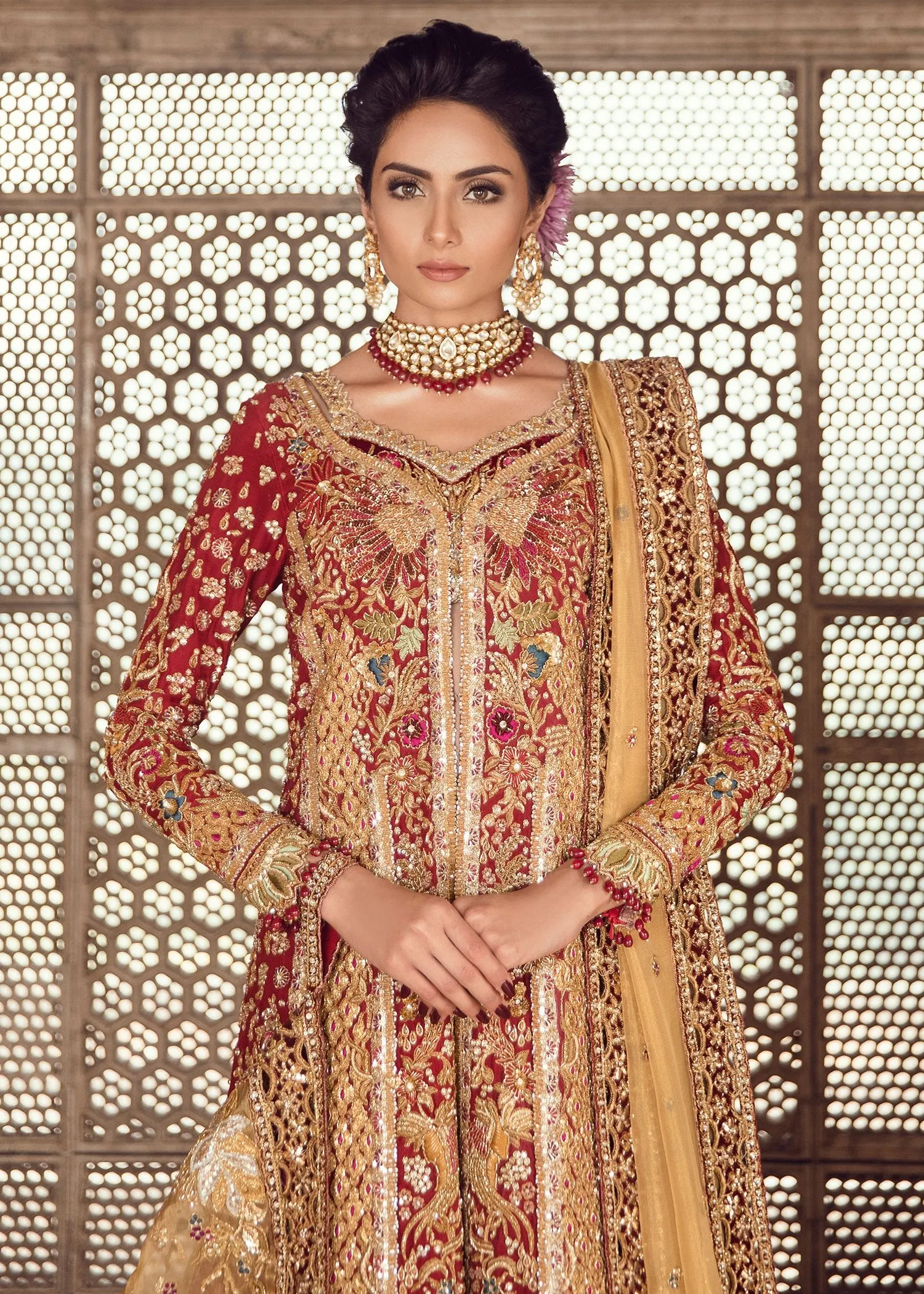 Pakistani Bridal Lehnga with Long Shirt in Red Color #J5126