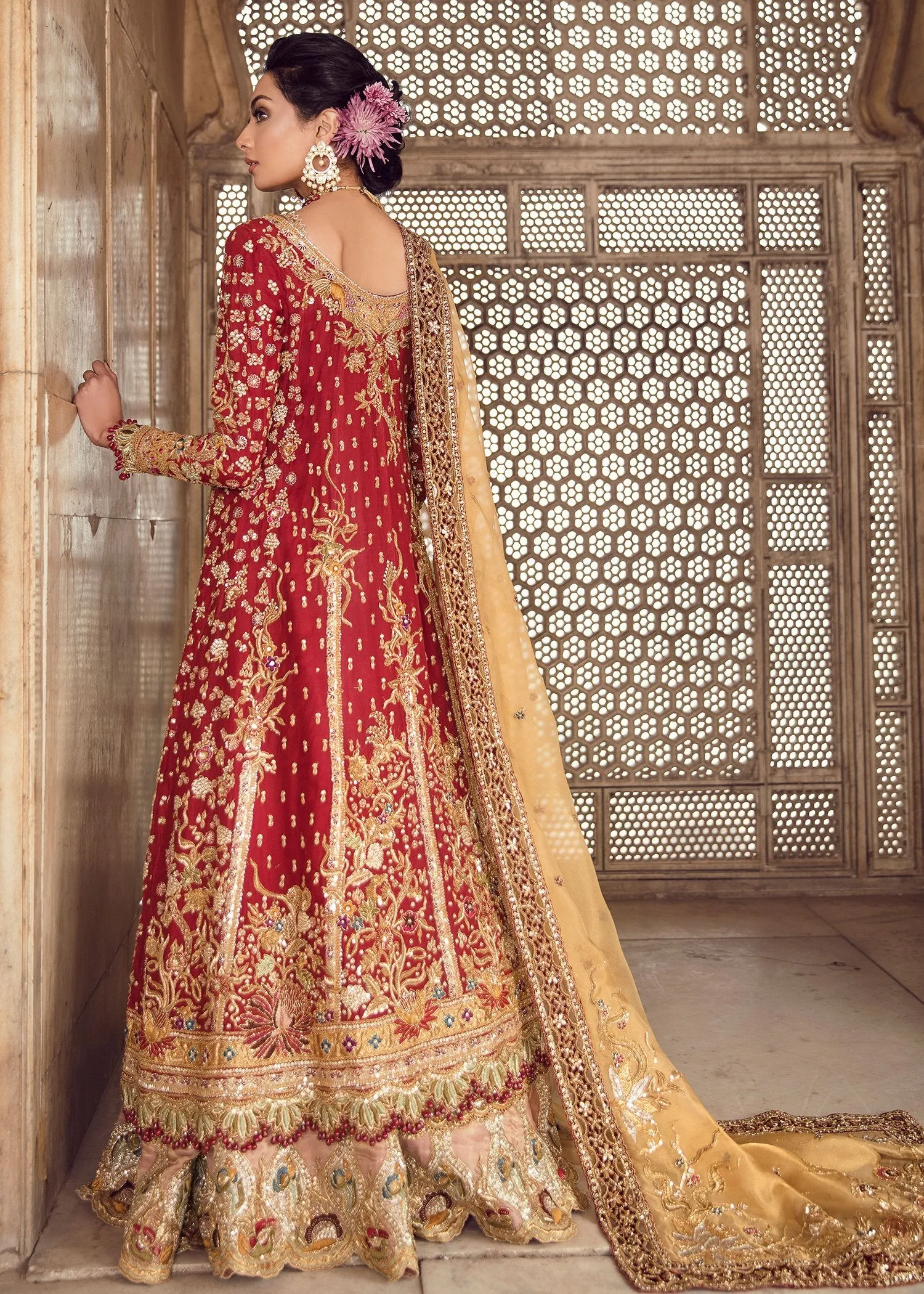 Pakistani Bridal Lehnga with Long Shirt in Red Color #J5126