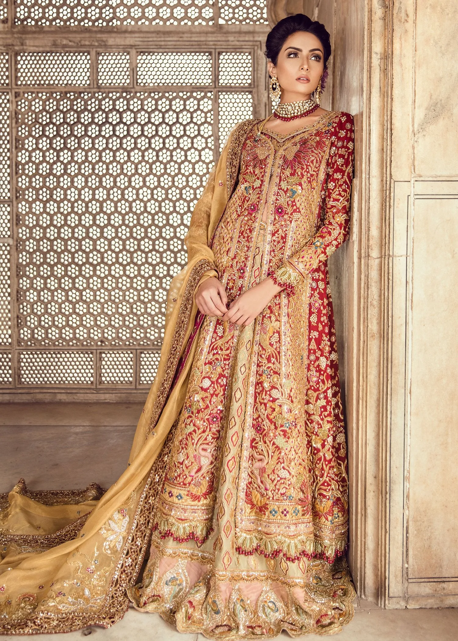 Pakistani Bridal Lehnga with Long Shirt in Red Color #J5126