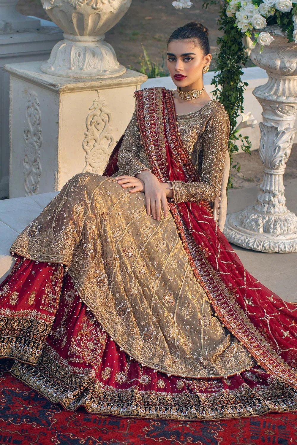 Pakistani Bridal Pishwas with Red Lehenga Dress #BS910