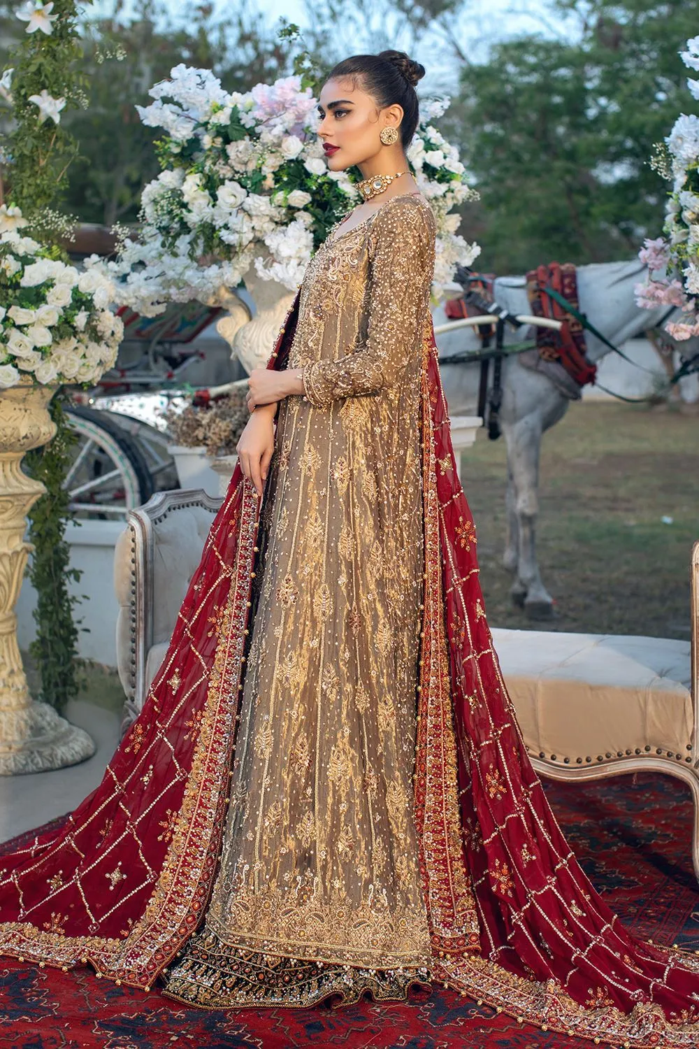 Pakistani Bridal Pishwas with Red Lehenga Dress #BS910