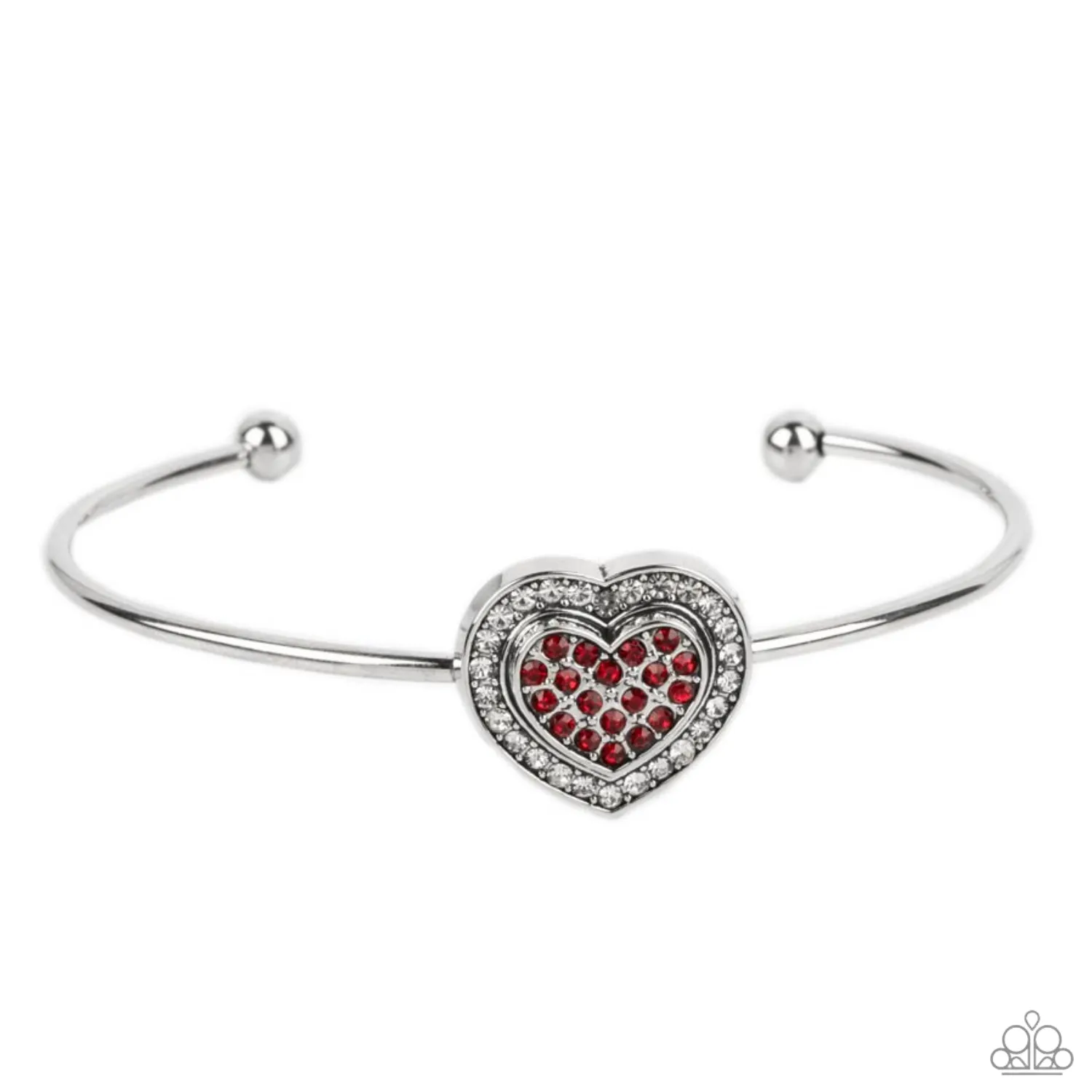 Paparazzi "Stunning Soulmates" Silver Metal & Red/Clear Halo Rhinestone Heart Cuff Bracelet