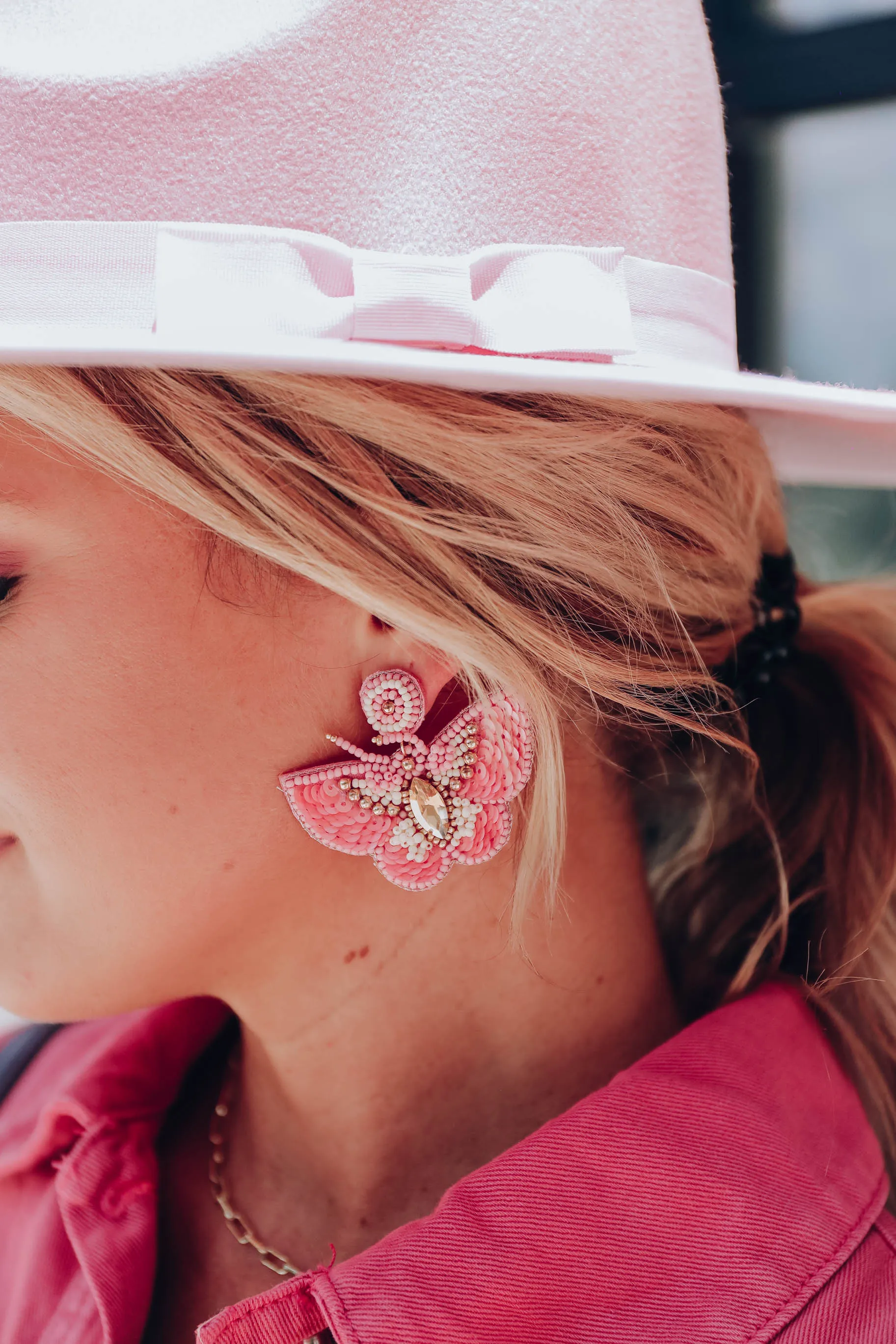 Papillion Beaded Sequin Earrings - Pink
