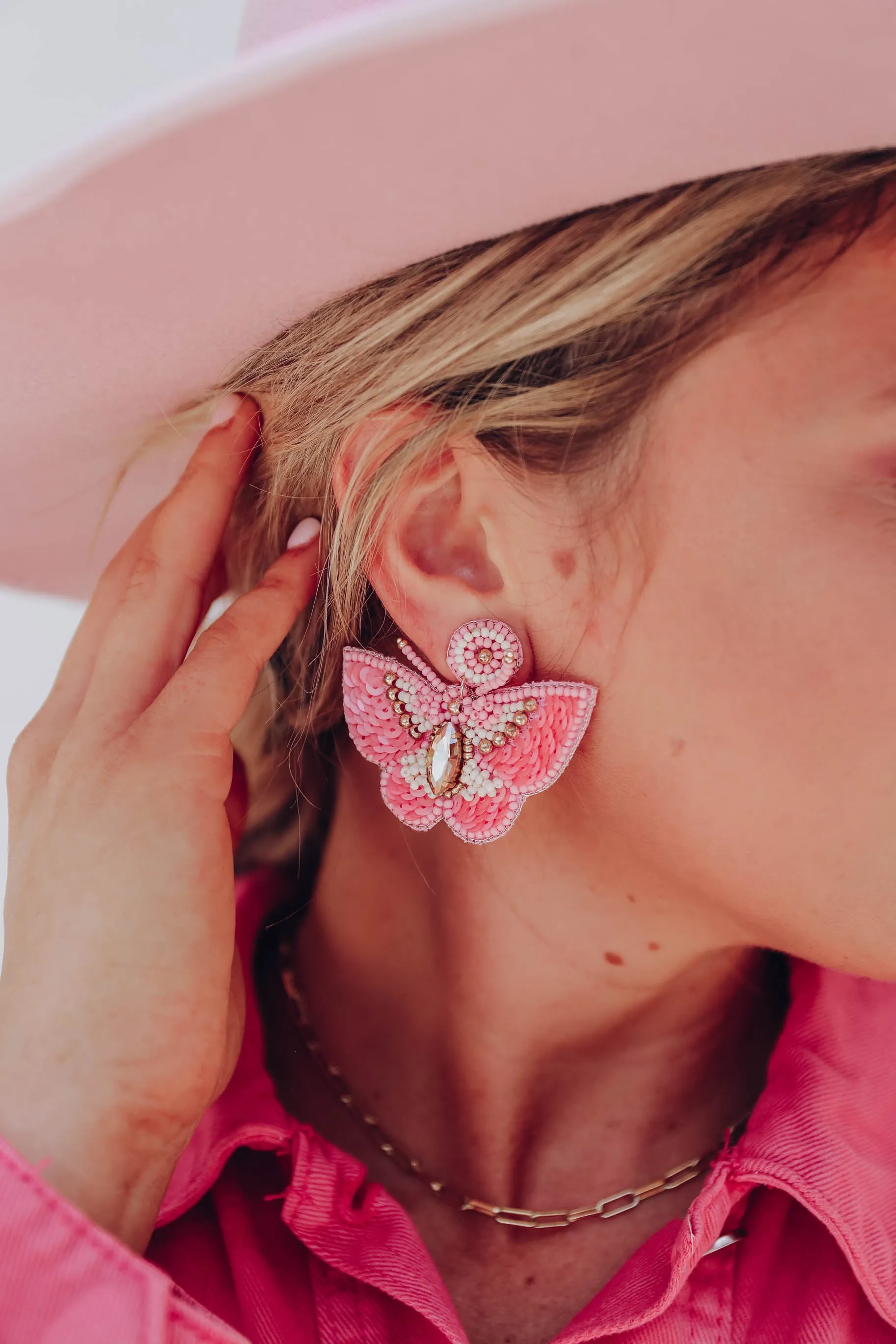 Papillion Beaded Sequin Earrings - Pink
