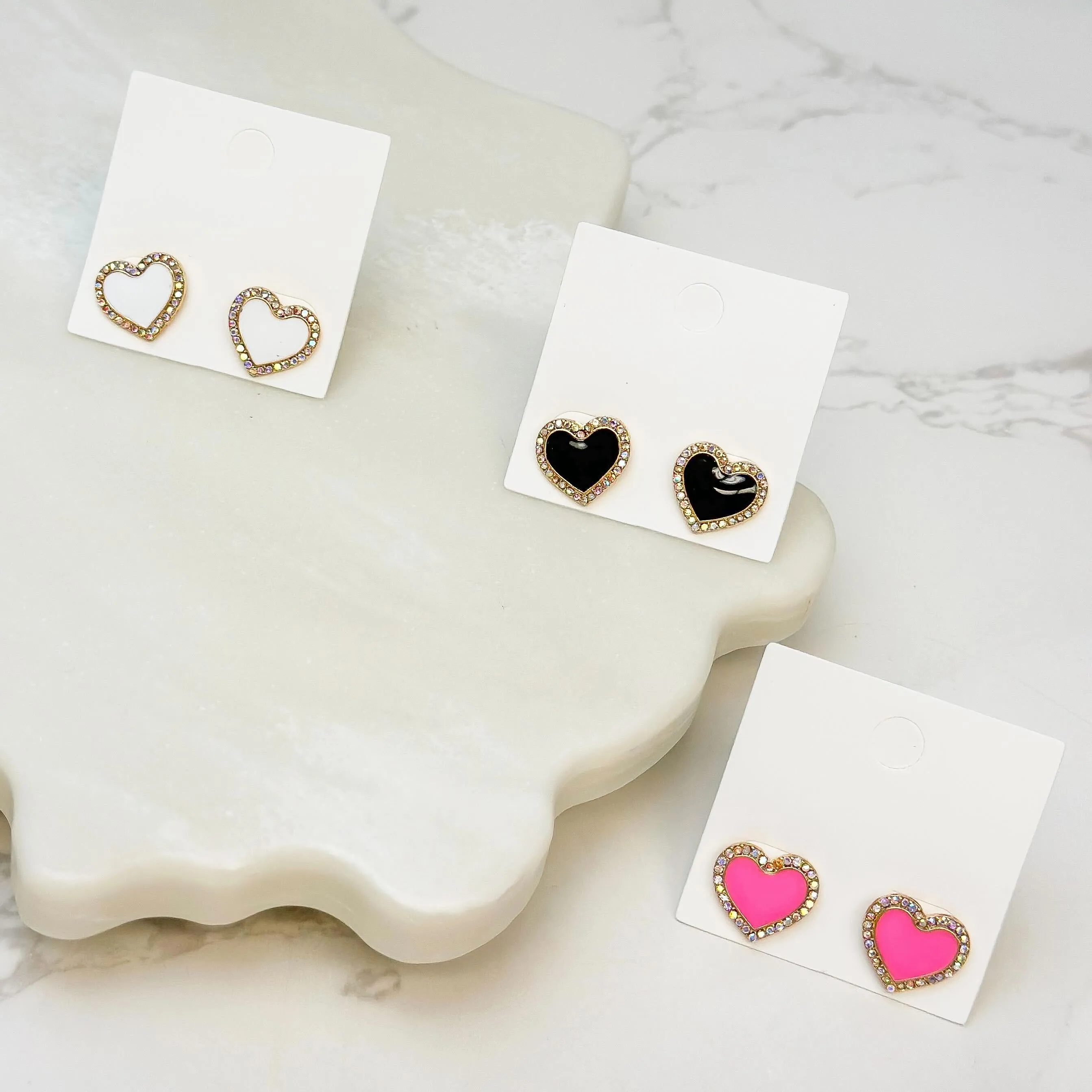 Pave Glitzy Heart Enamel Stud Earrings - White