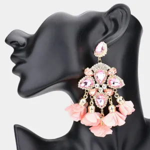 Peach Crystal and Fabric Flower Fun Fashion Chandelier Earrings | 541399