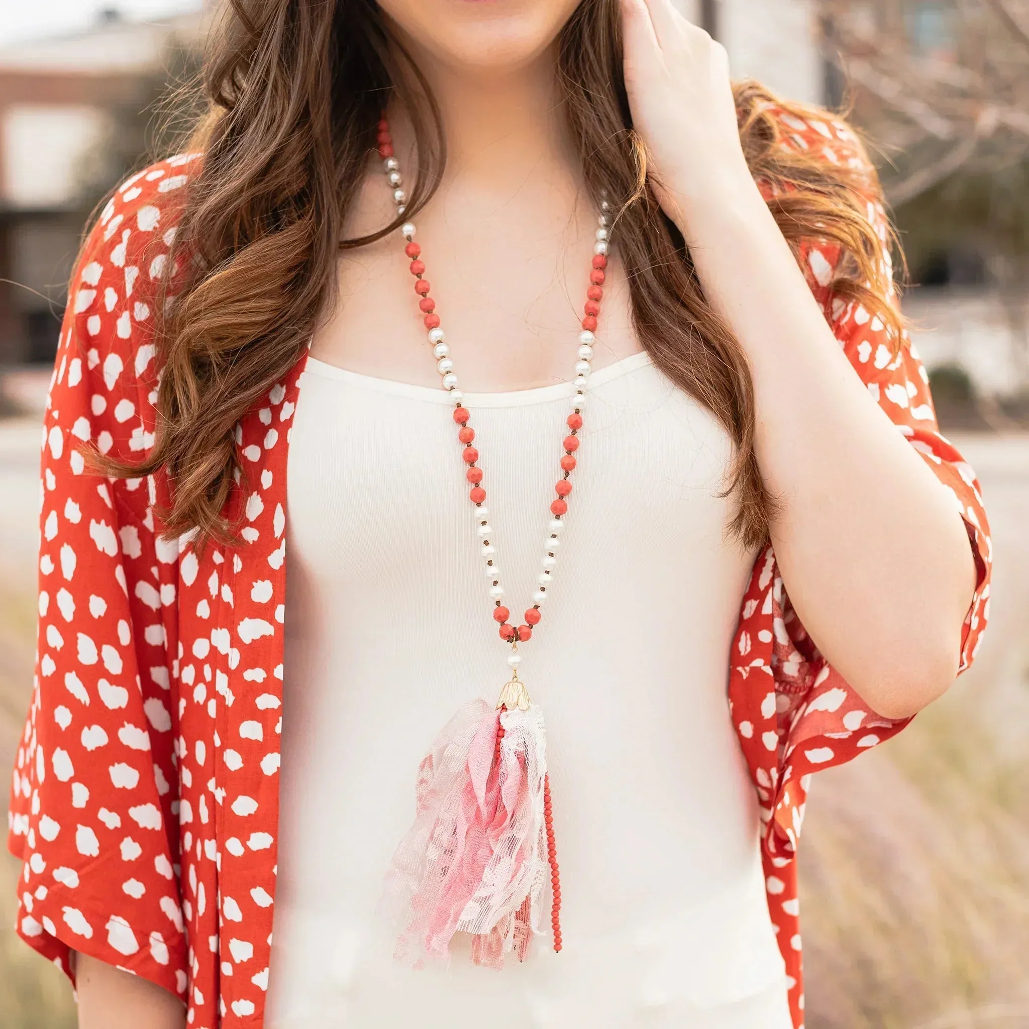 Pearl and coral necklace with tassel